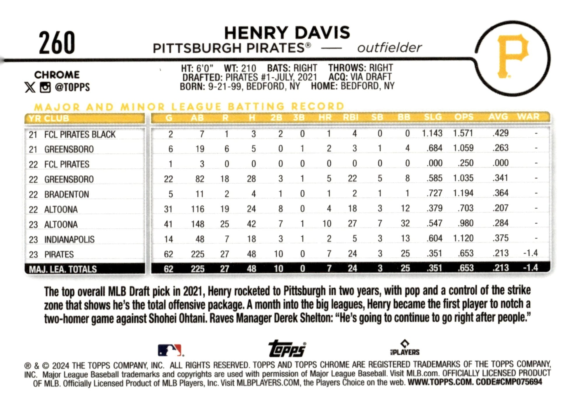 Henry Davis 2024 Topps Chrome Sepia Refractor RC 260 2 - Collector Store LLC