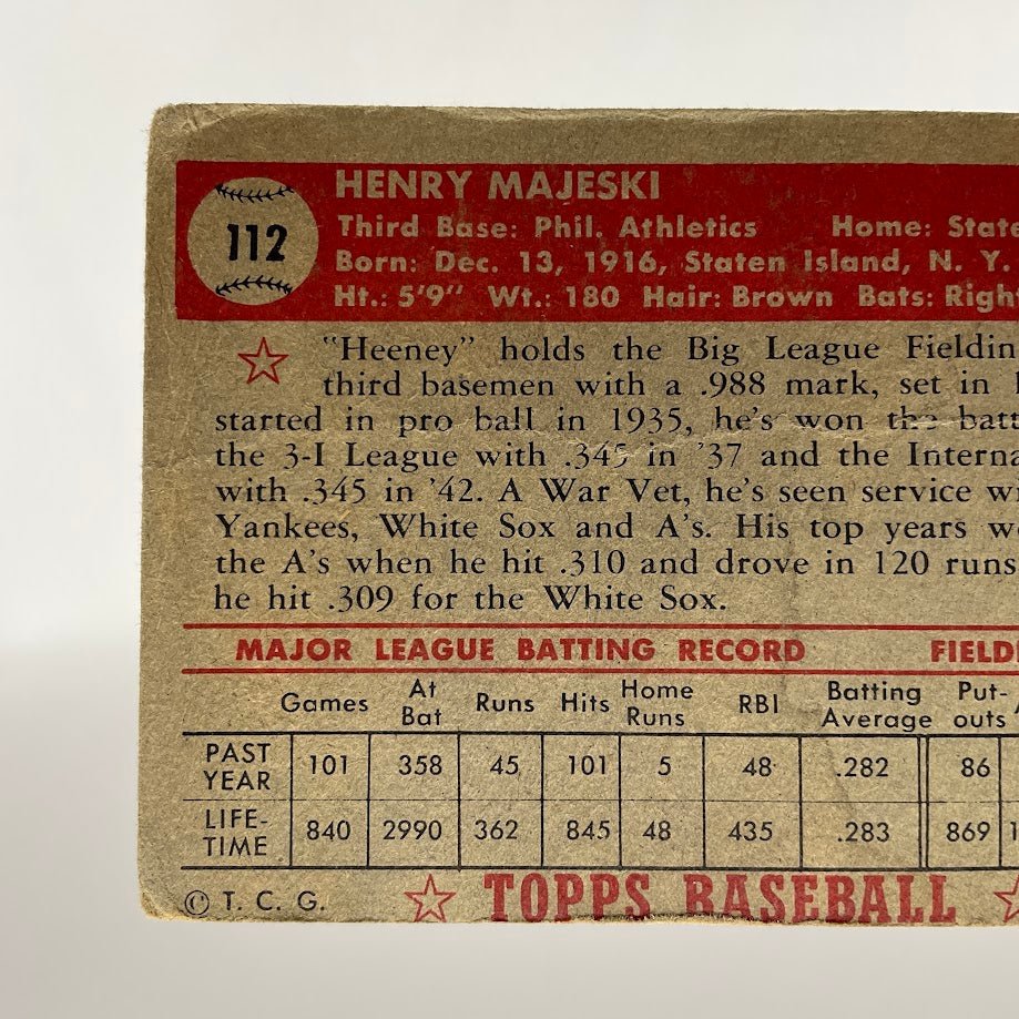Henry Majeski 1952 Topps #112 Philadelphia Athletics PR - Collector Store LLC