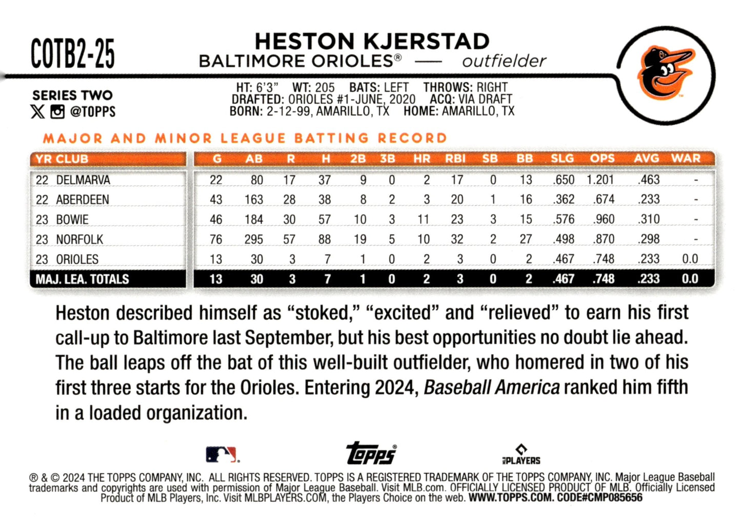 Heston Kjerstad 2024 Topps Series 2 RC COTB2 - 25 - Collector Store LLC
