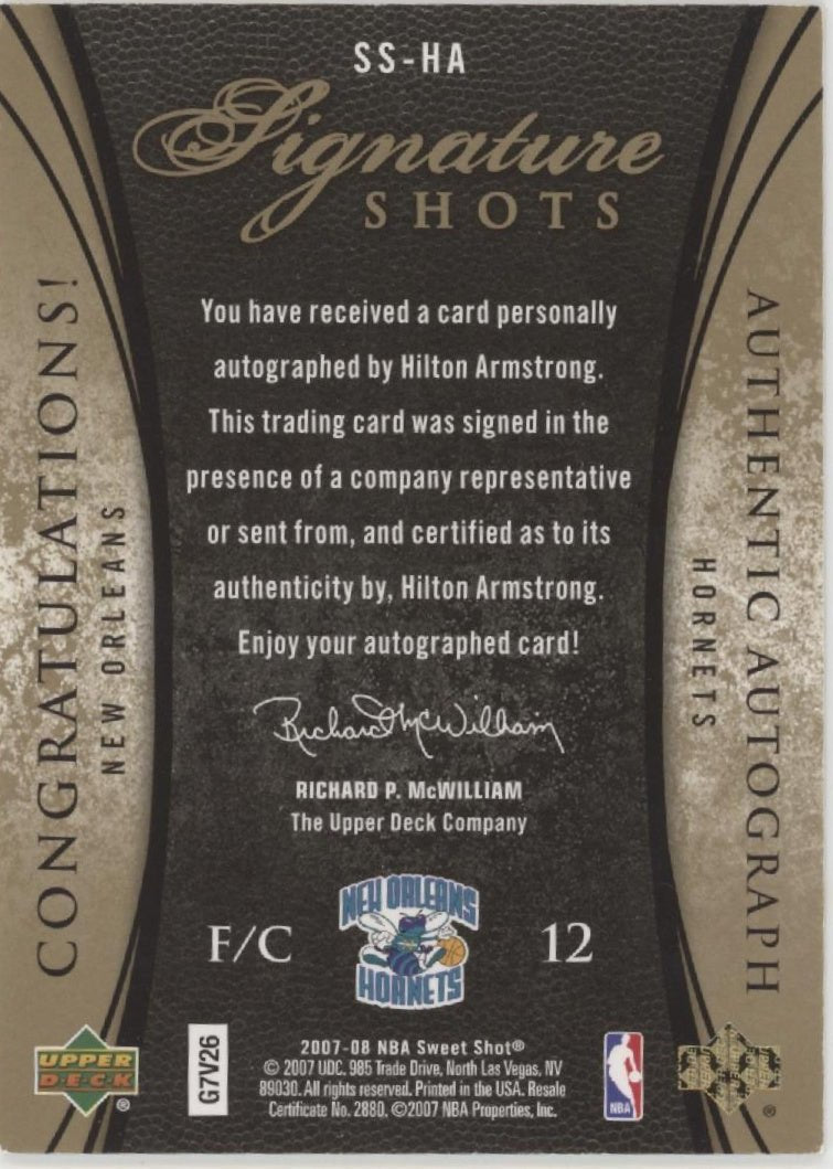 Hilton Armstrong 2007 - 08 Upper Deck Sweet Shot Relic Auto 027/195 #SS - HA - Collector Store LLC