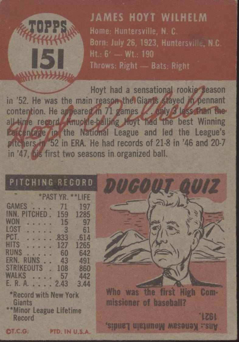 Hoyt Wilhelm 1953 Topps #151 New York Mets VG - EX - Collector Store LLC