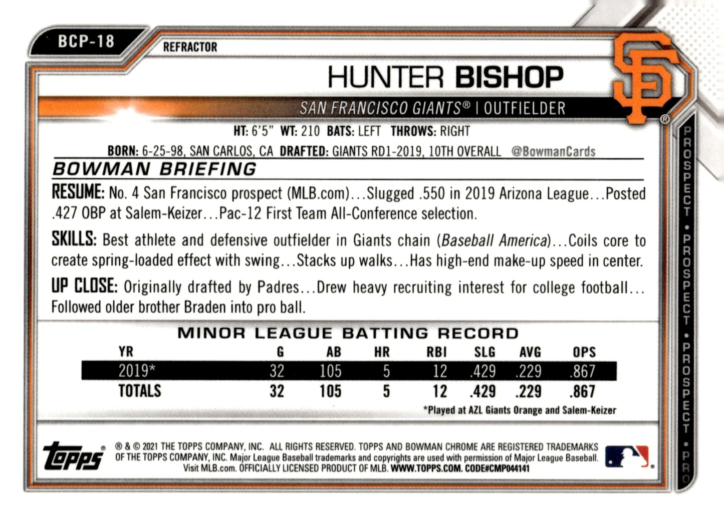 Hunter Bishop 2021 Bowman Chrome Prospect Refractor 279/499 BCP - 18 - Collector Store LLC