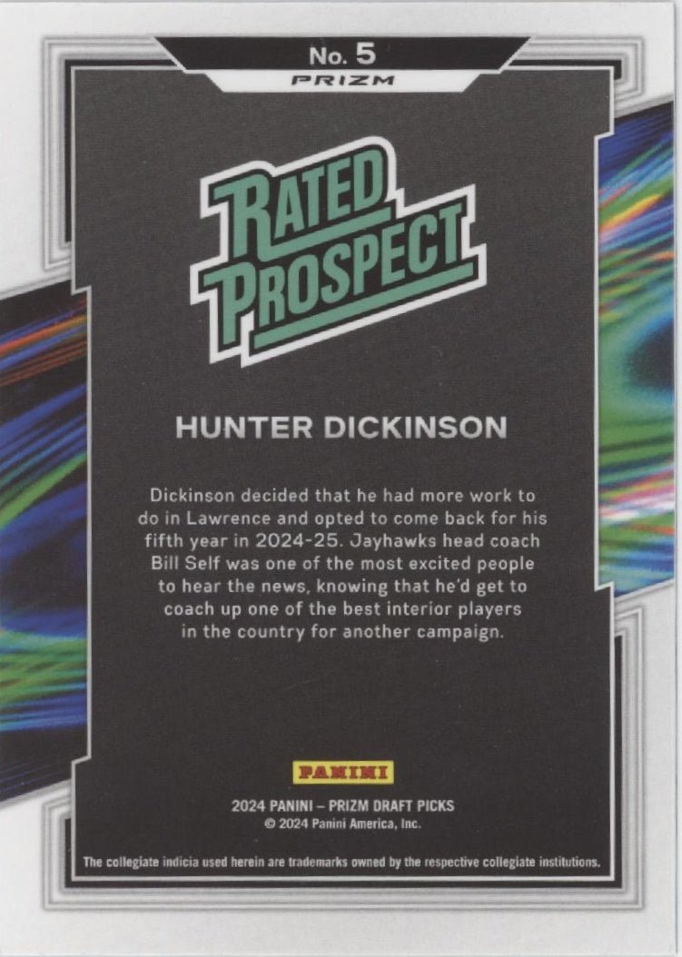 Hunter Dickinson 2024 Panini Prizm Draft Picks Rated Prospects Green Prizm #5 - Collector Store LLC