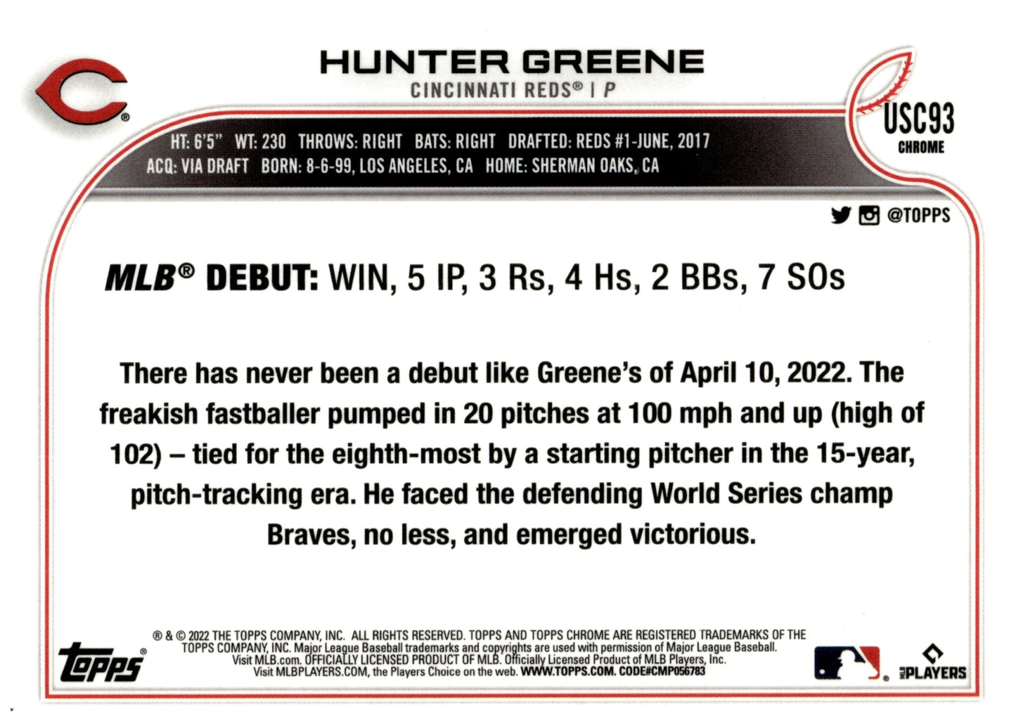 Hunter Greene 2022 Topps Chrome Purple Refractor RC #USC93 - Collector Store LLC