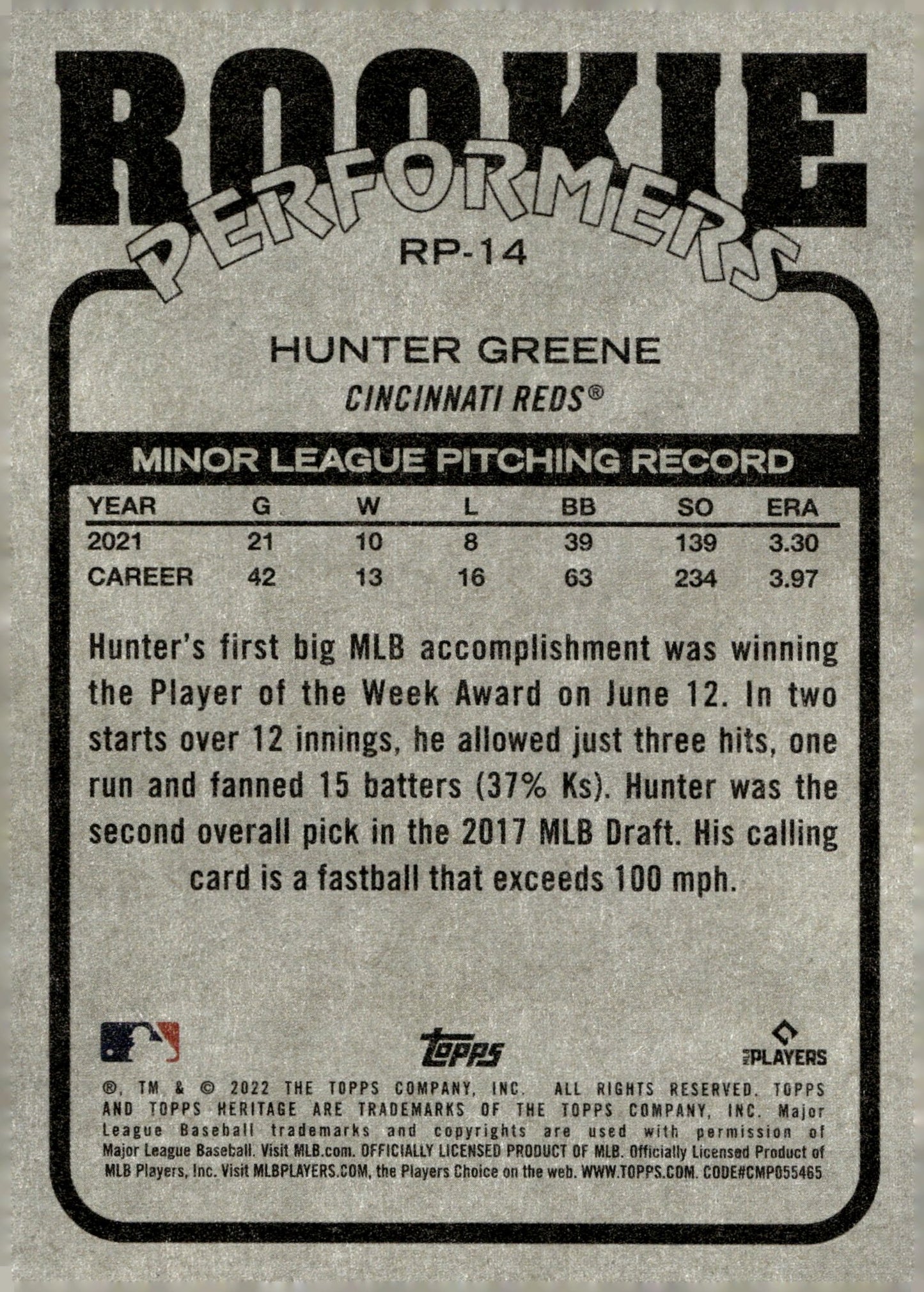 Hunter Greene 2022 Topps Heritage Rookie Performers RC RP - 14 - Collector Store LLC