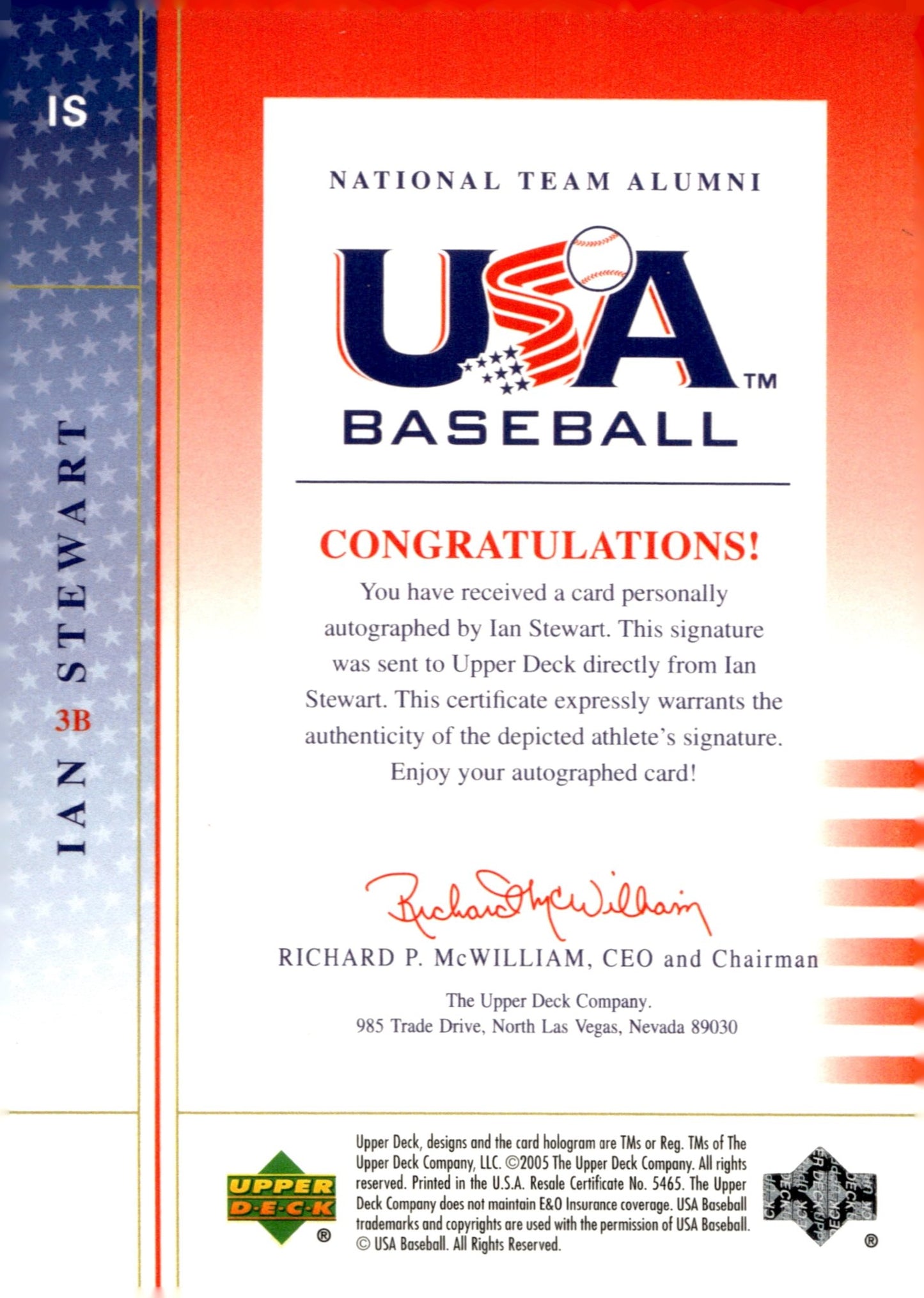 Ian Stewart 2005 Upper Deck USA Baseball National Team Alumni Auto 038/110 #IS - Collector Store LLC