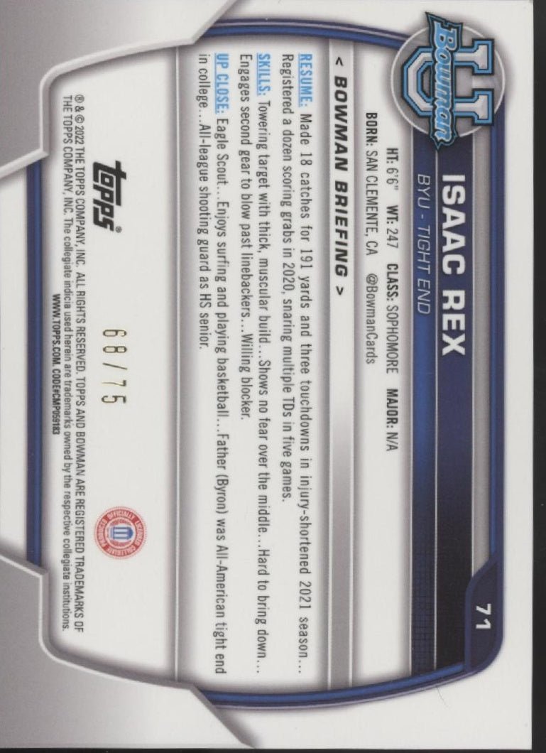Isaac Rex 2022 Bowman Chrome University Yellow Refractor 68/75 71 - Collector Store LLC