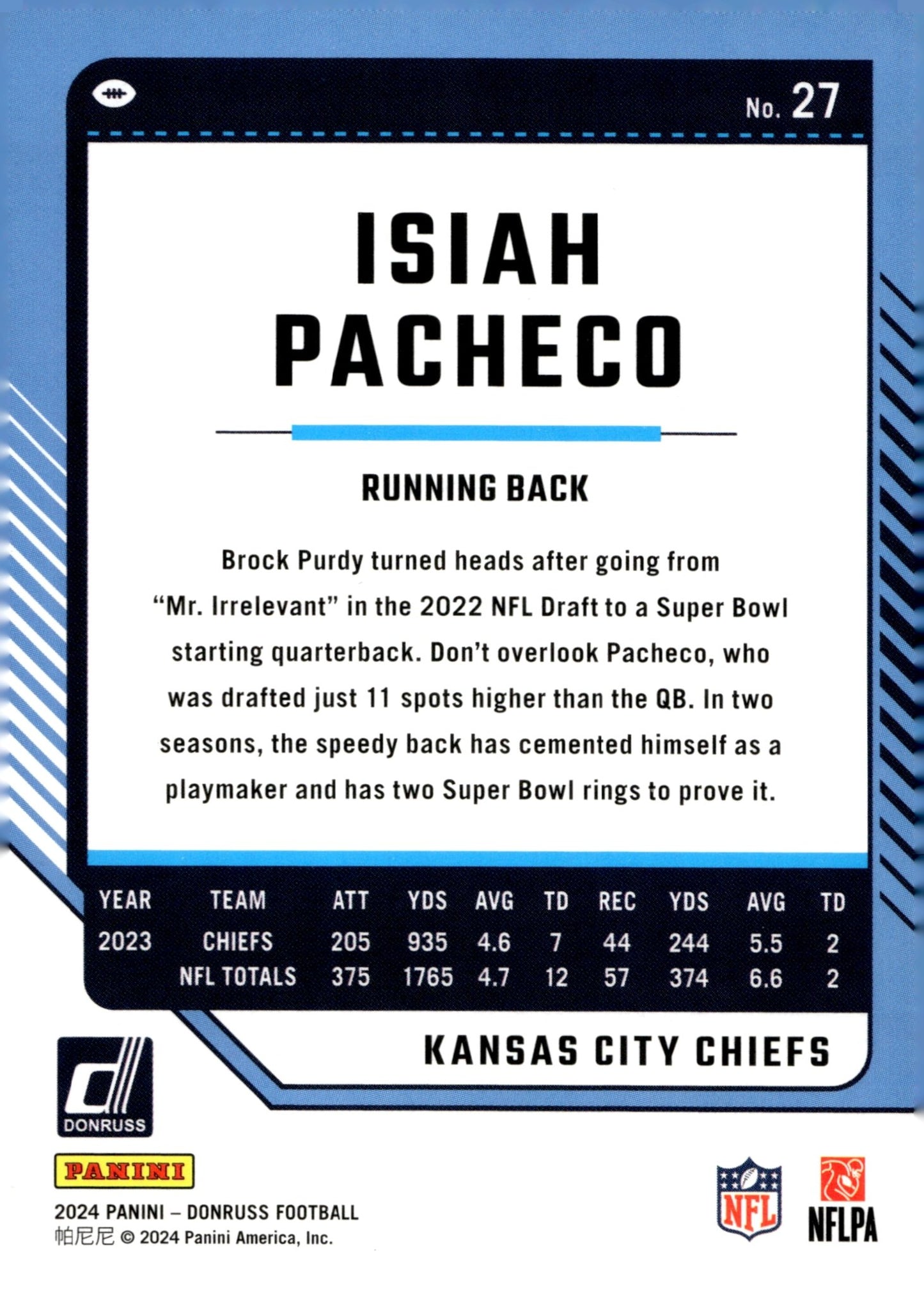 Isiah Pacheco 2024 Panini Donruss #27 - Collector Store LLC