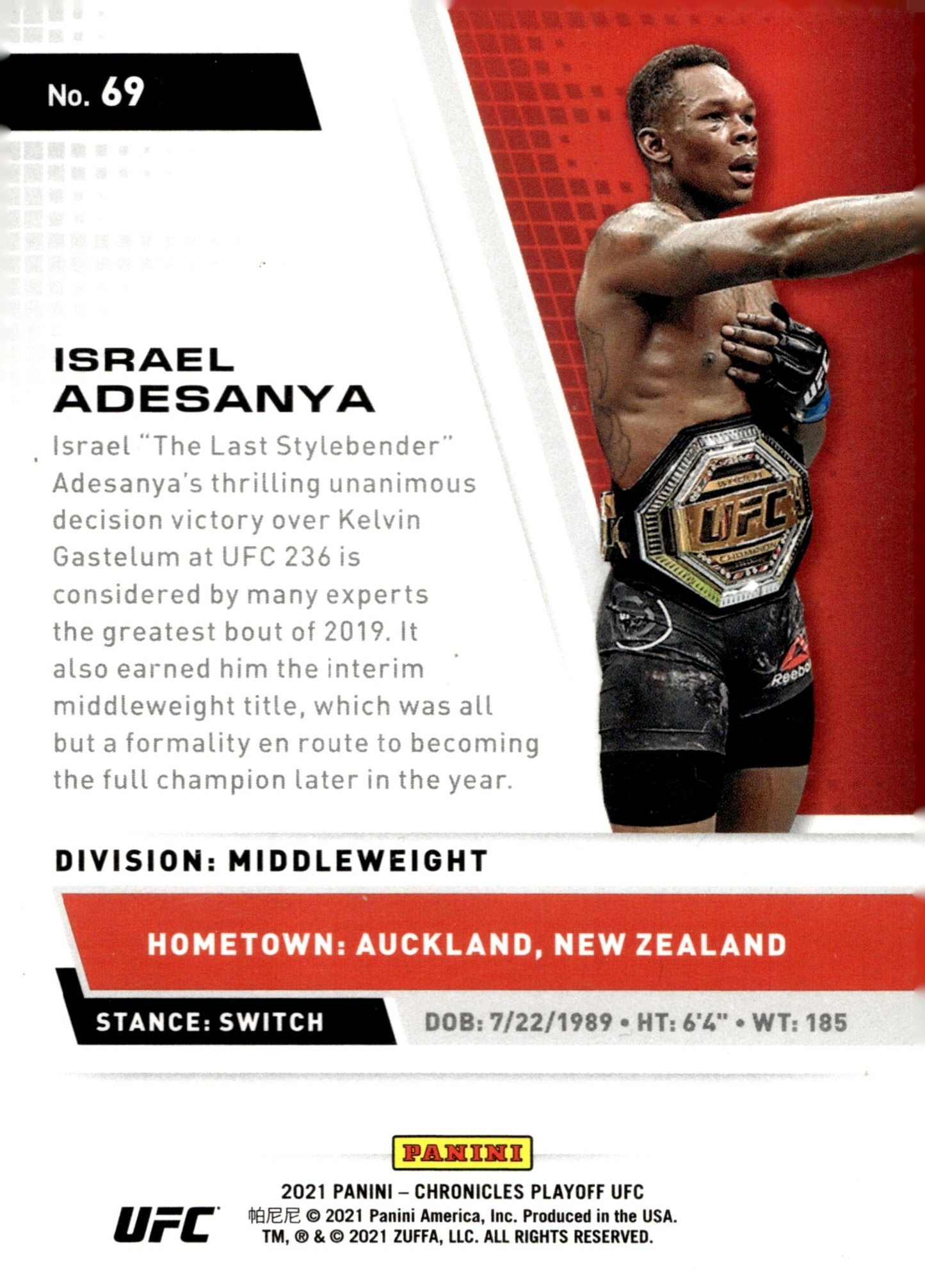 Israel Adesanya 2021 Panini Chronicles Playoff #69 - Collector Store LLC