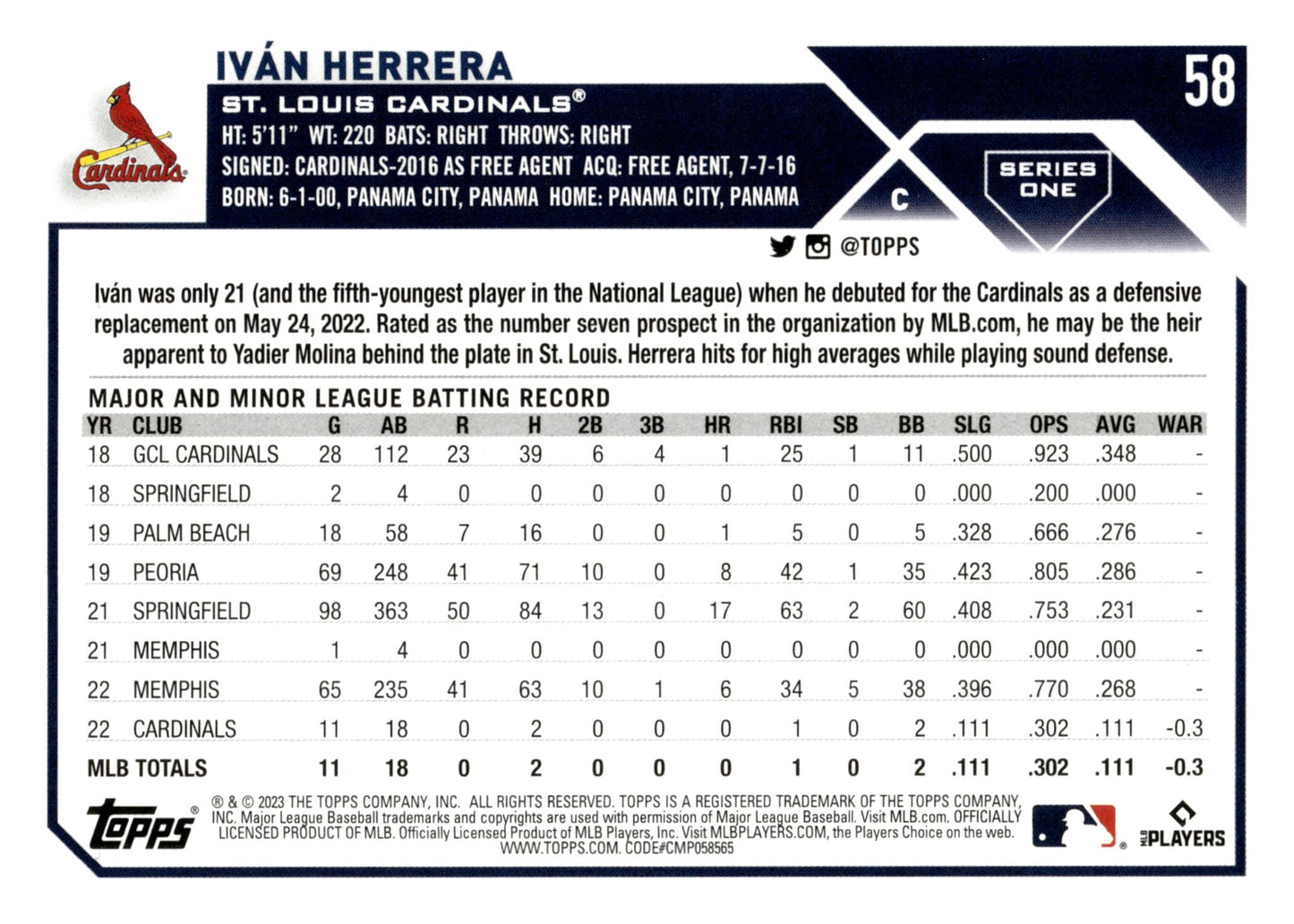 Ivan Herrera 2023 Topps Series 1 RC 58 - Collector Store LLC