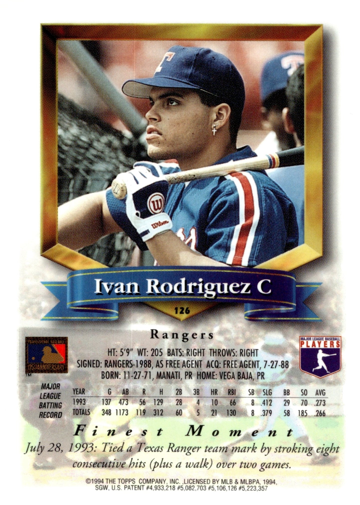 Ivan Rodriguez 1994 Topps Finest Moments #126 - Collector Store LLC