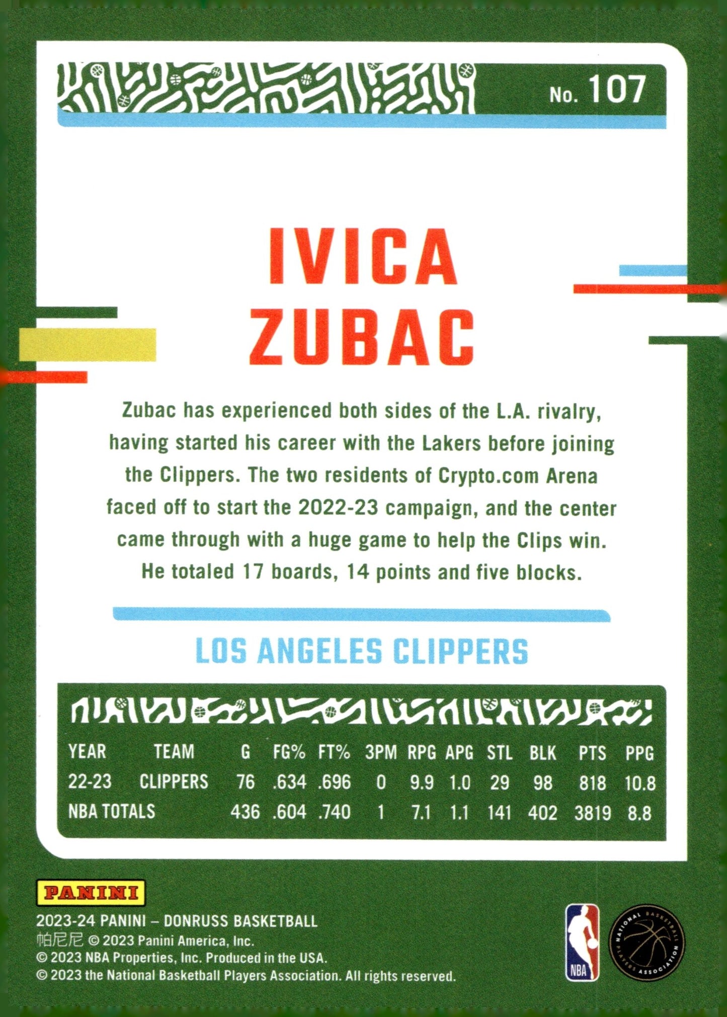 Ivica Zubac 2023 - 24 Panini Donruss Green Laser #107 - Collector Store LLC