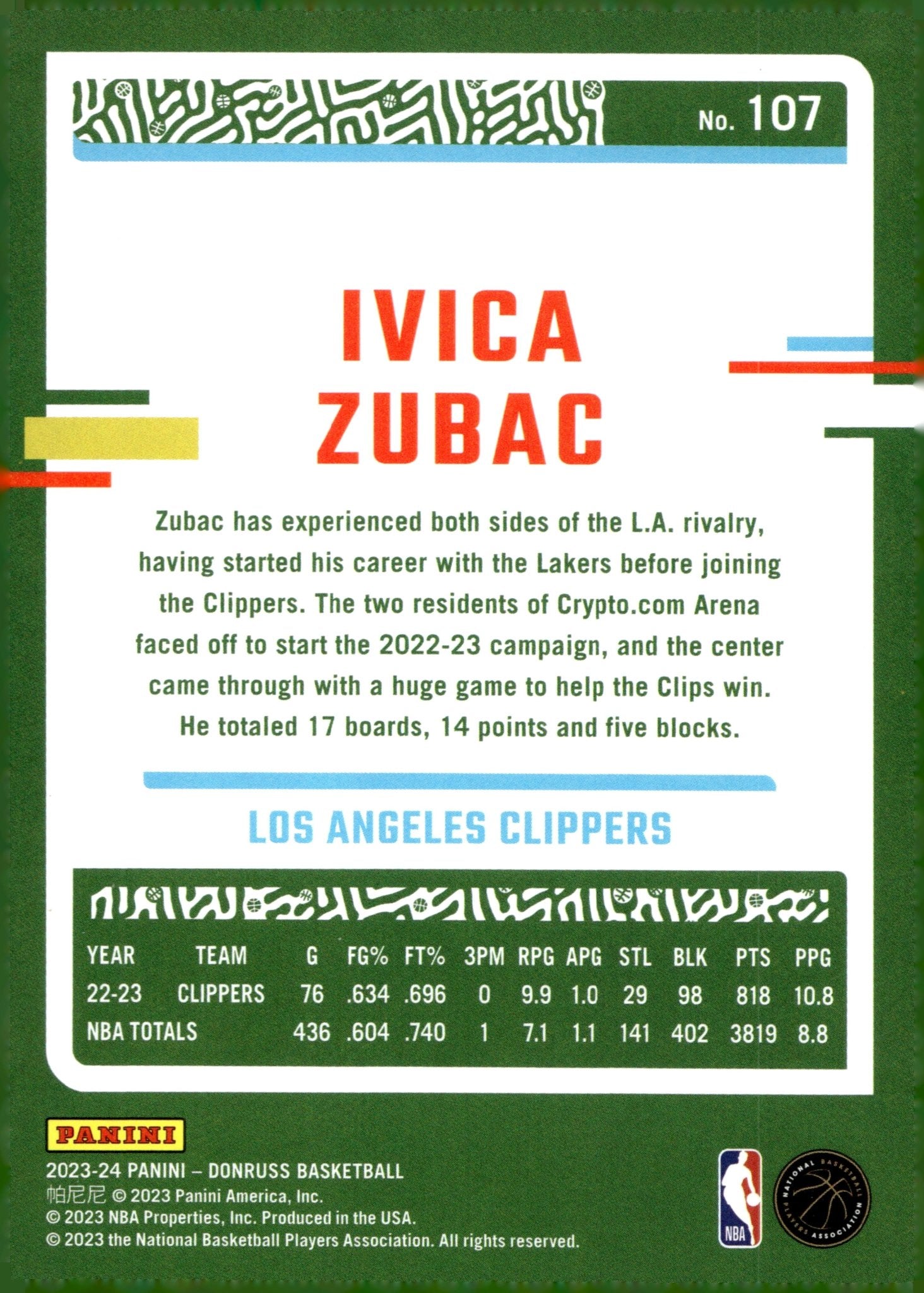 Ivica Zubac 2023 - 24 Panini Donruss Green Laser #107 - Collector Store LLC