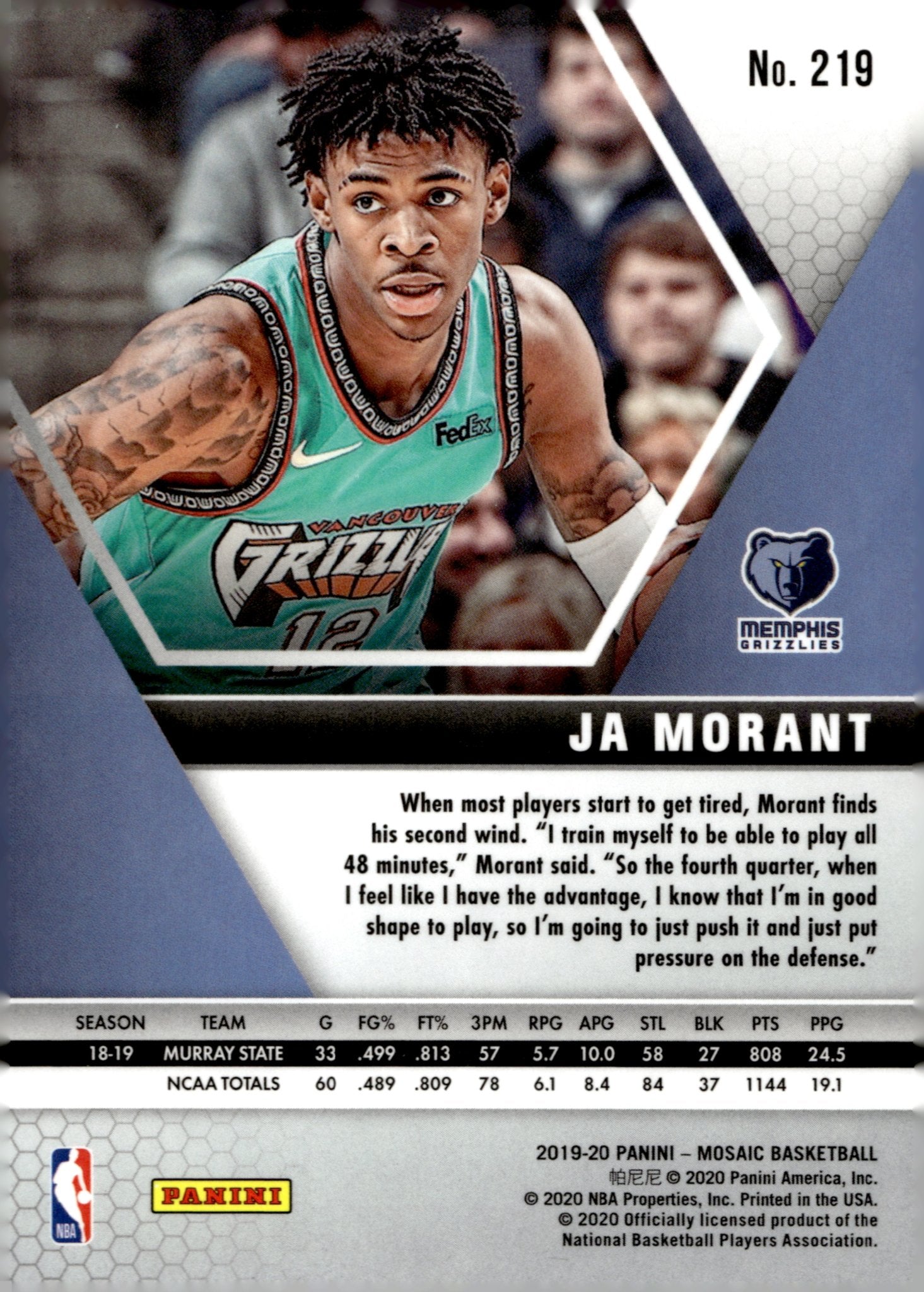 Ja Morant 2019 - 20 Panini Mosaic RC #219 #2 - Collector Store LLC