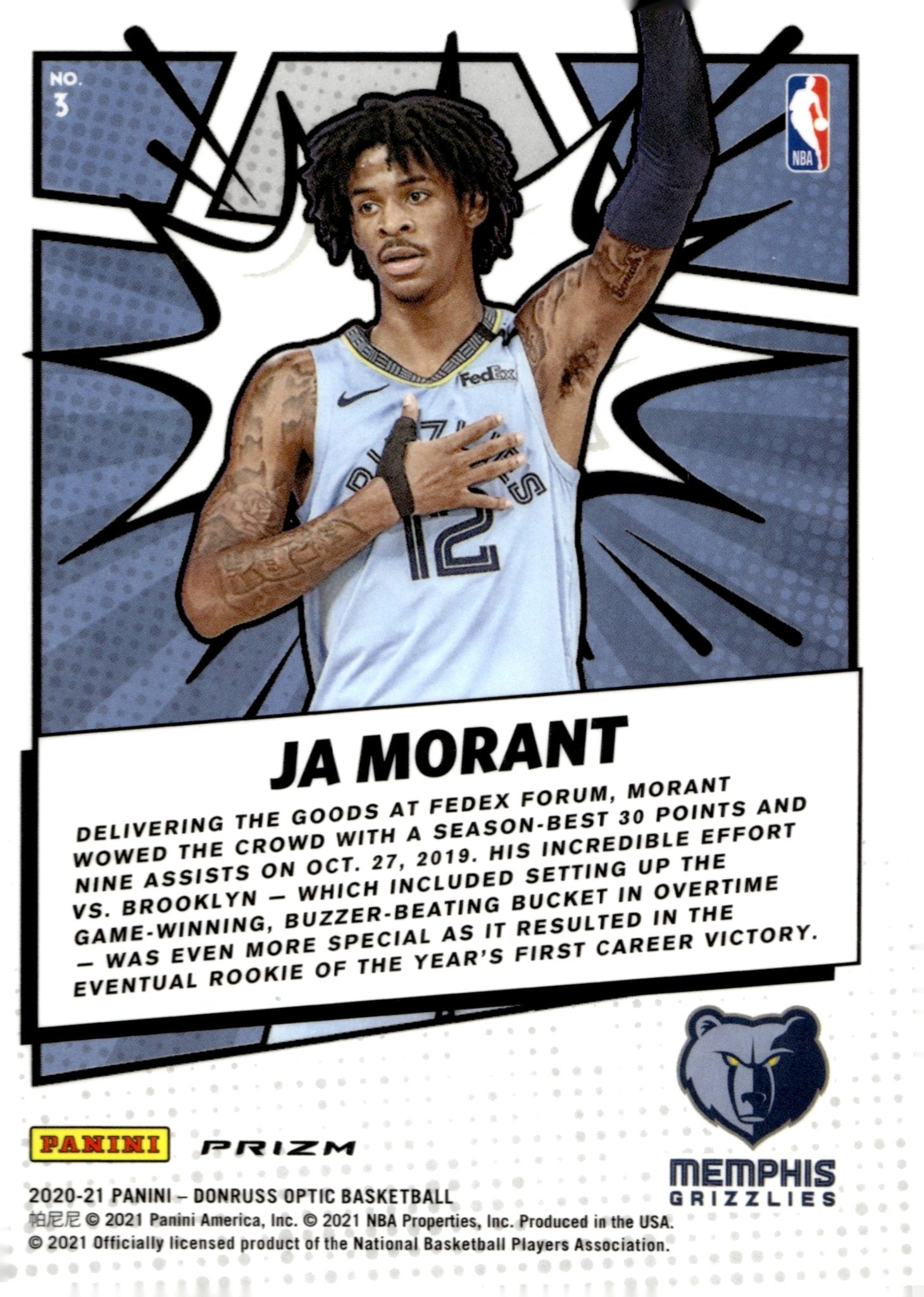 Ja Morant 2020 - 21 Panini Donruss Optic My House Purple Prizm #3 - Collector Store LLC