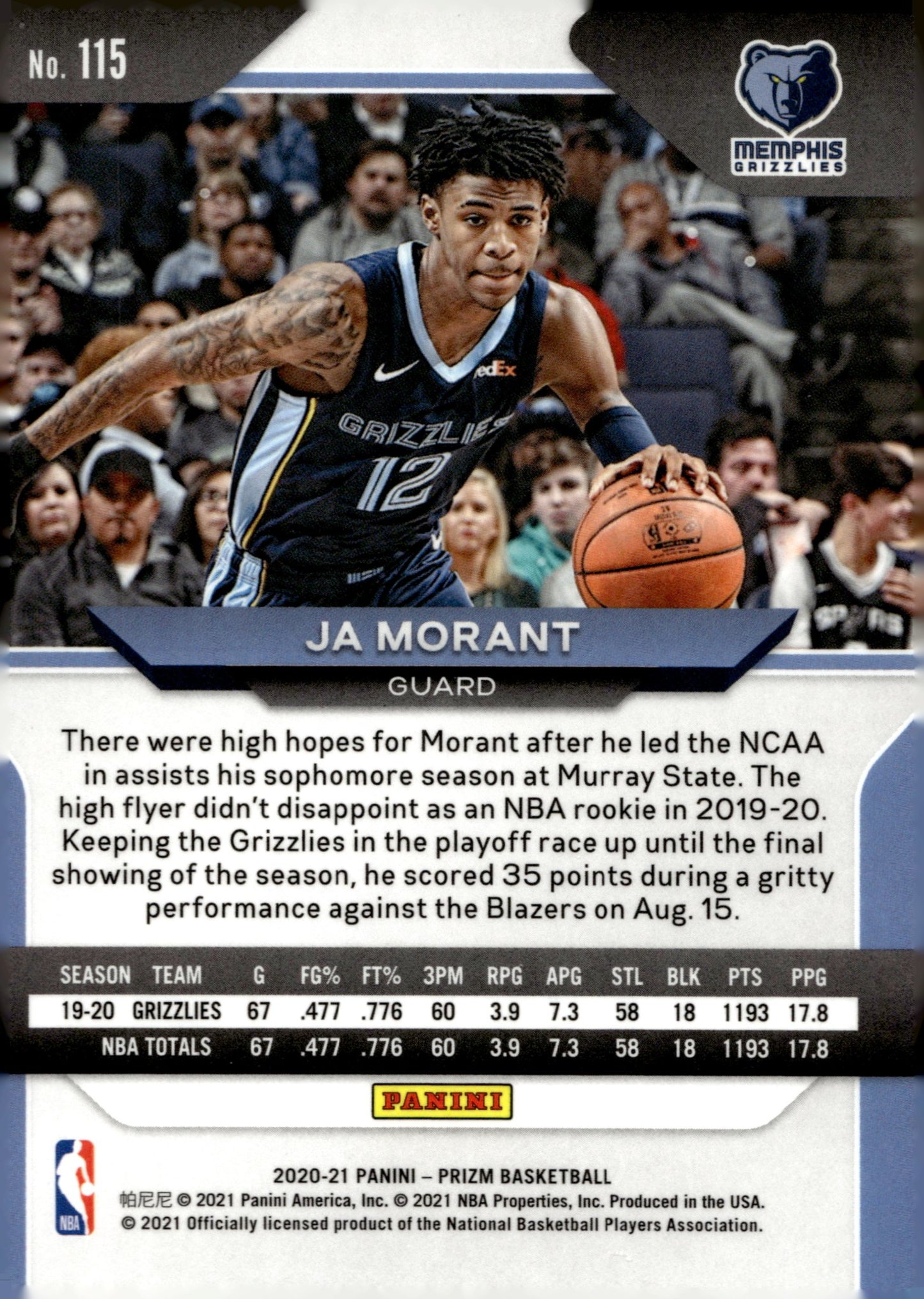 Ja Morant 2020 - 21 Panini Prizm #115 #1 - Collector Store LLC