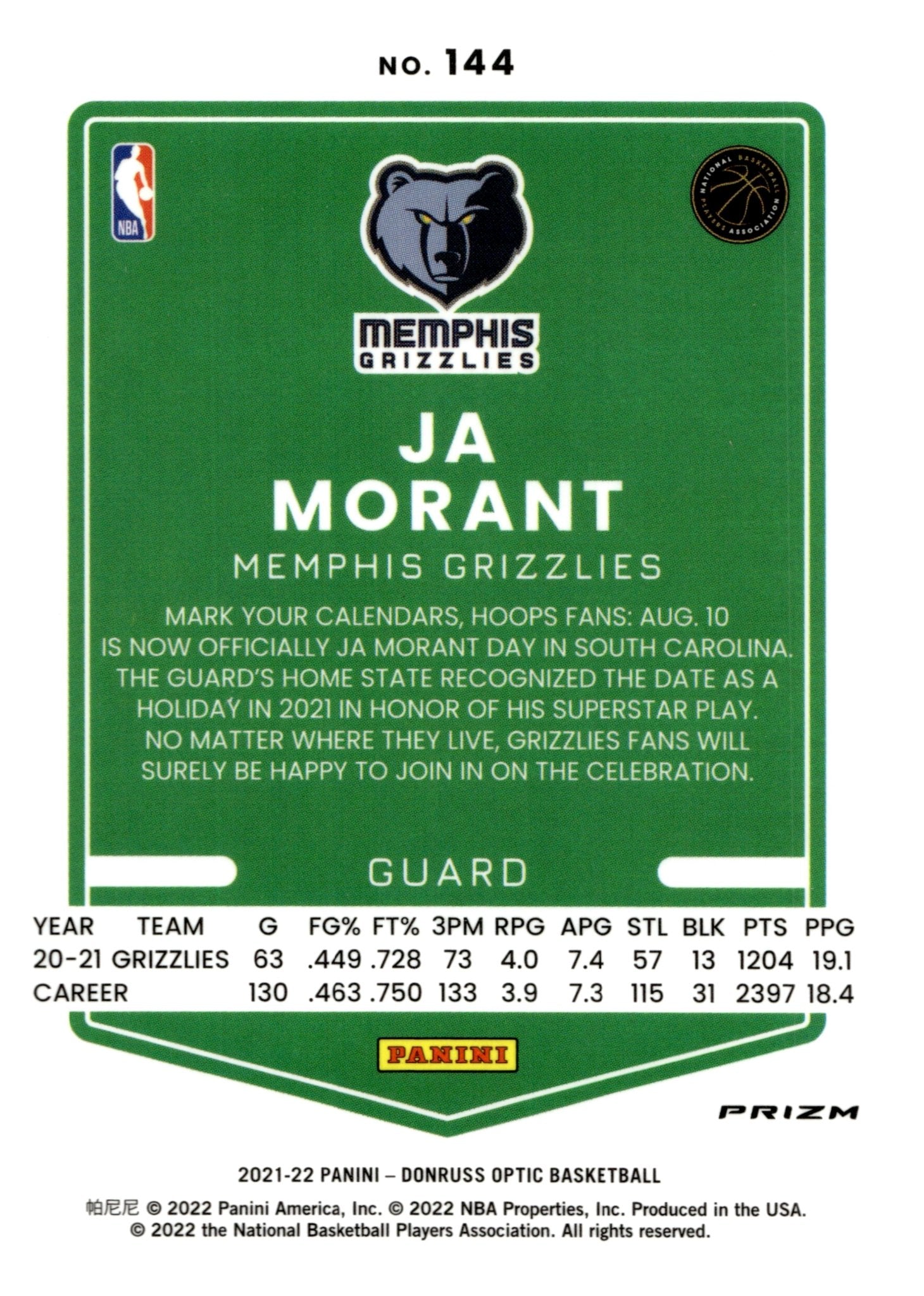 Ja Morant 2021 - 22 Panini Donruss Optic Green Shimmer Prizm #144 - Collector Store LLC