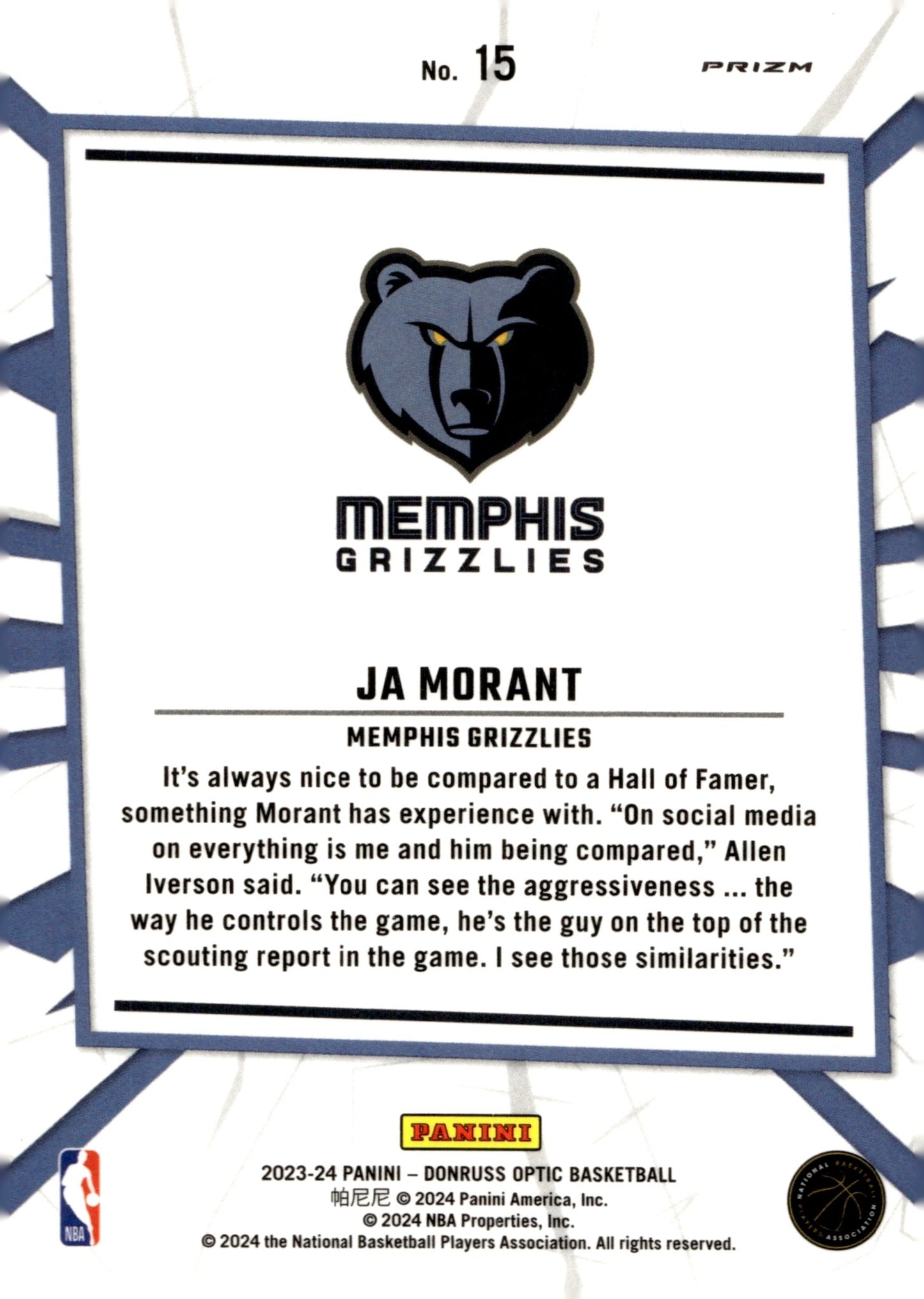 Ja Morant 2023 - 24 Panini Donruss Optic My House Prizm #15 - Collector Store LLC
