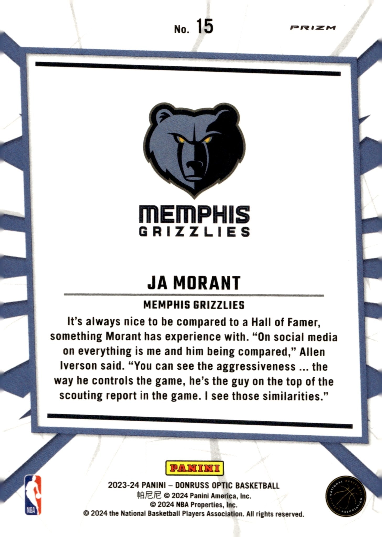 Ja Morant 2023 - 24 Panini Donruss Optic My House Prizm #15 - Collector Store LLC