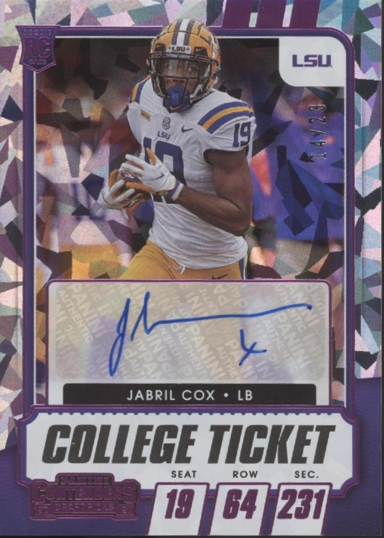 Jabril Cox 2021 Panini Contenders Draft Picks College Ticket Purple RC Auto 201 - Collector Store LLC