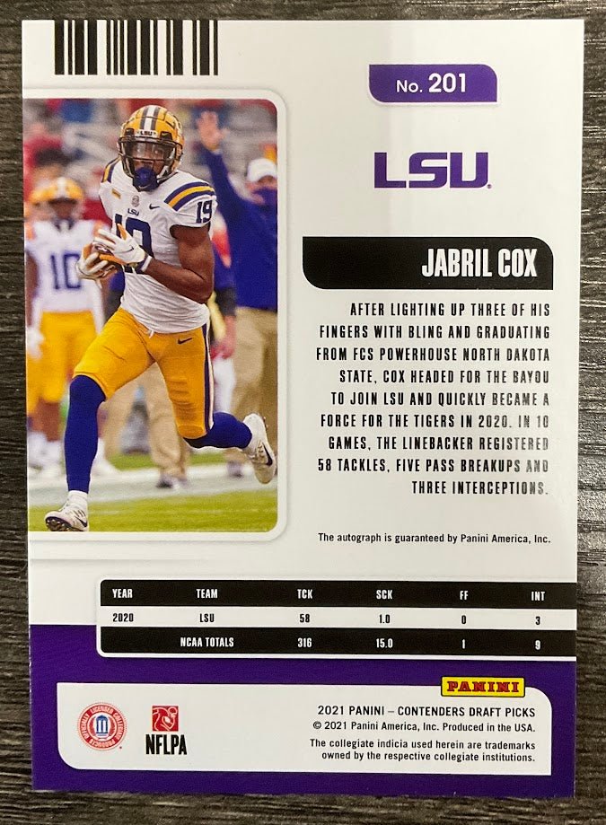 Jabril Cox 2021 Panini Contenders Draft Picks College Ticket Purple RC Auto 201 - Collector Store LLC