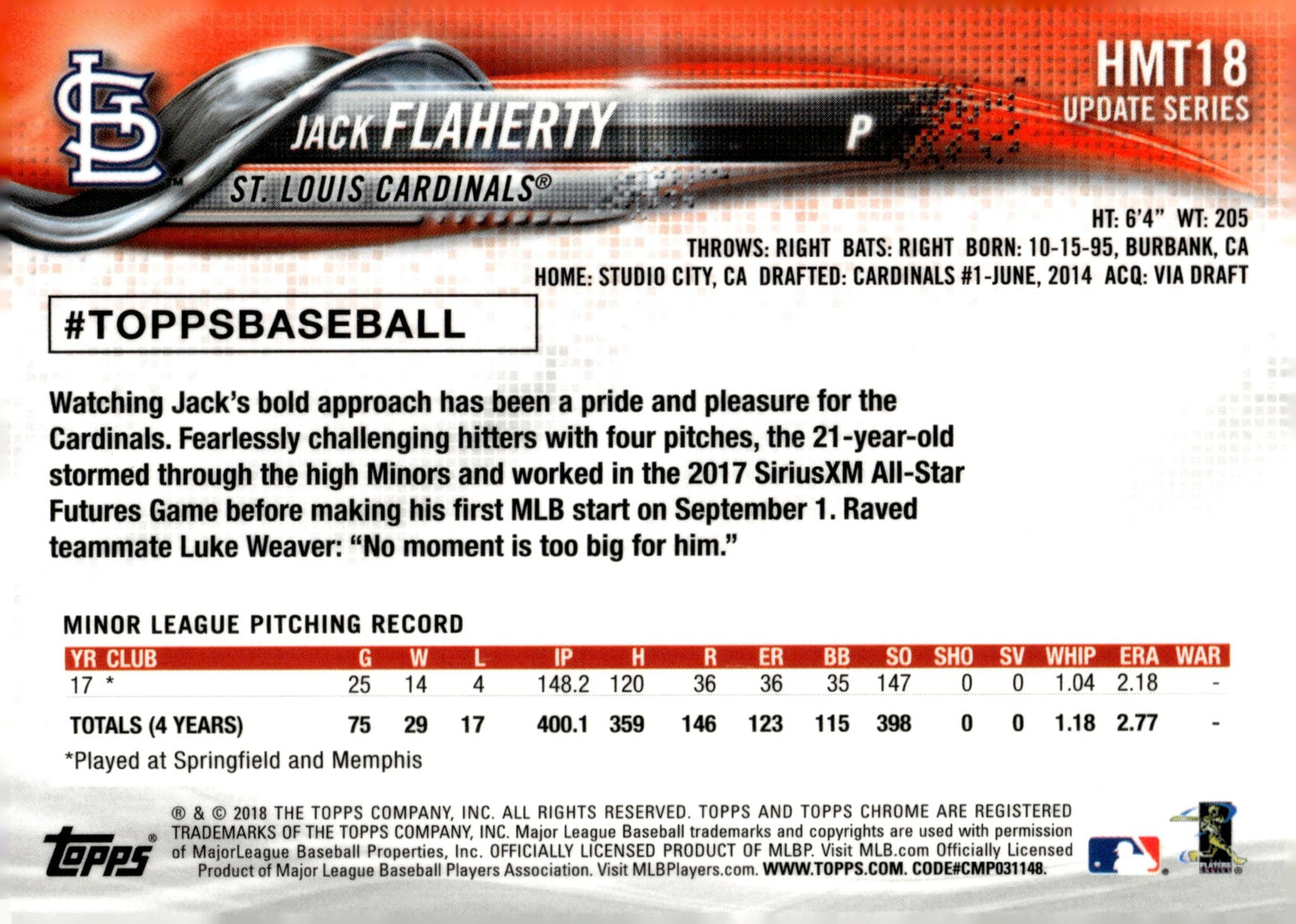 Jack Flaherty 2018 Topps Update Series RC #HMT18 - Collector Store LLC