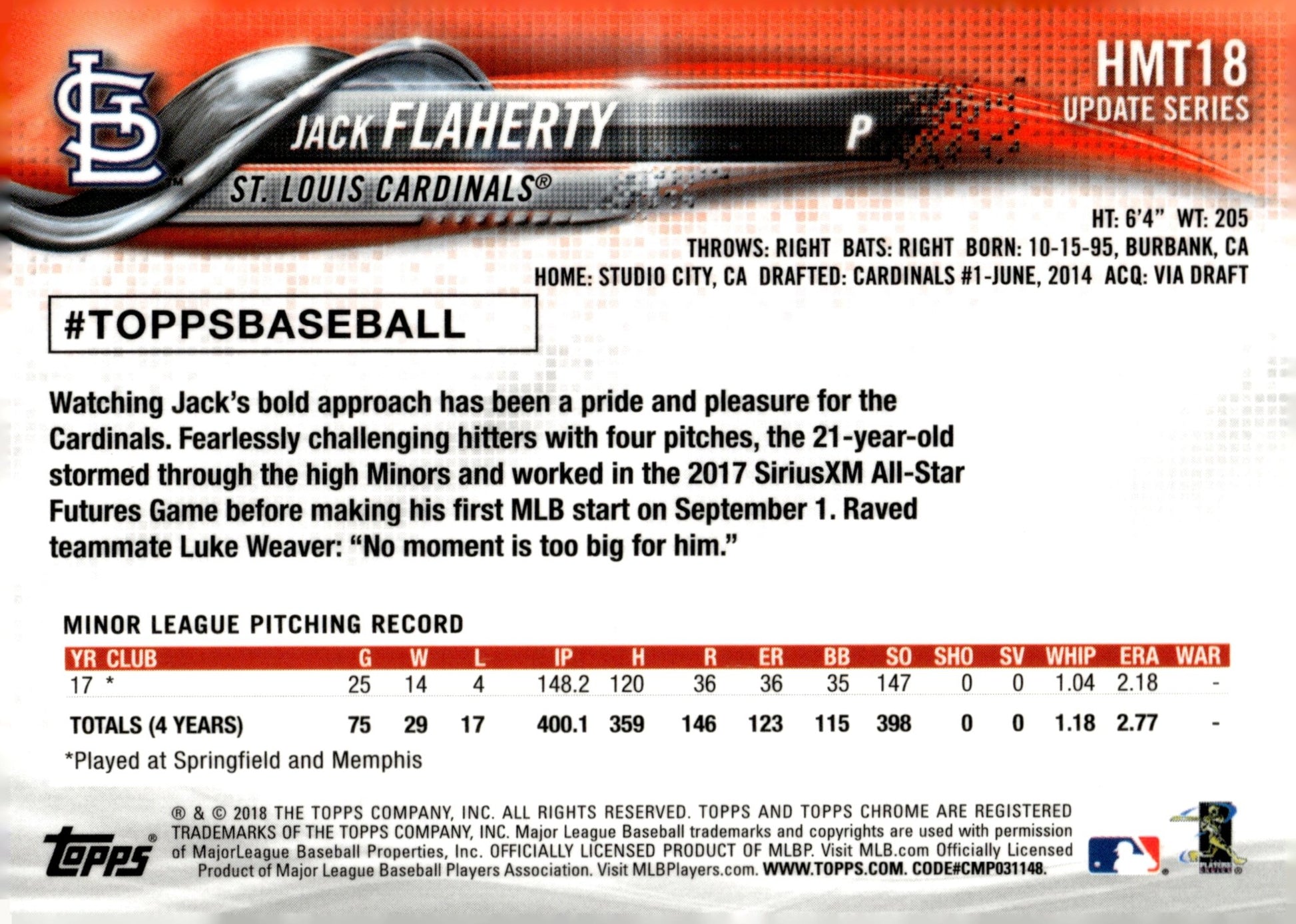 Jack Flaherty 2018 Topps Update Series RC #HMT18 - Collector Store LLC