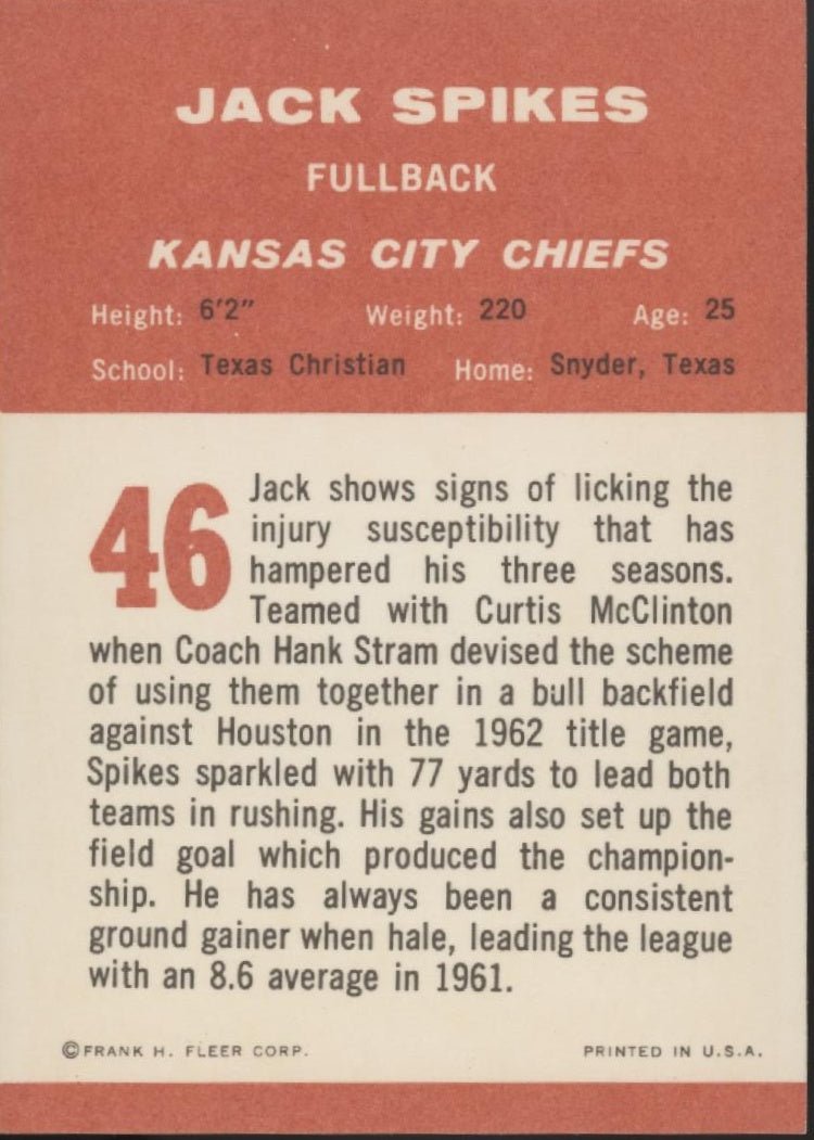 Jack Spikes 1963 Fleer #46 Kansas City Chiefs EX - NM - Collector Store LLC