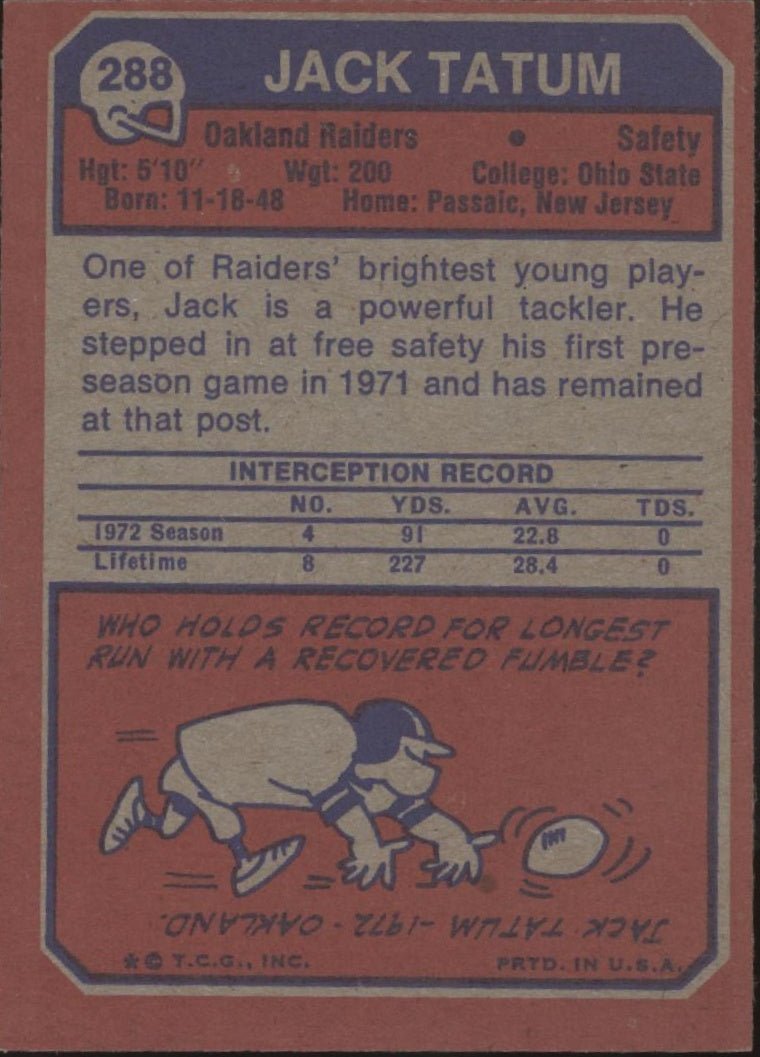 Jack Tatum 1973 Topps RC #288 Oakland Raiders VG - EX #1 - Collector Store LLC