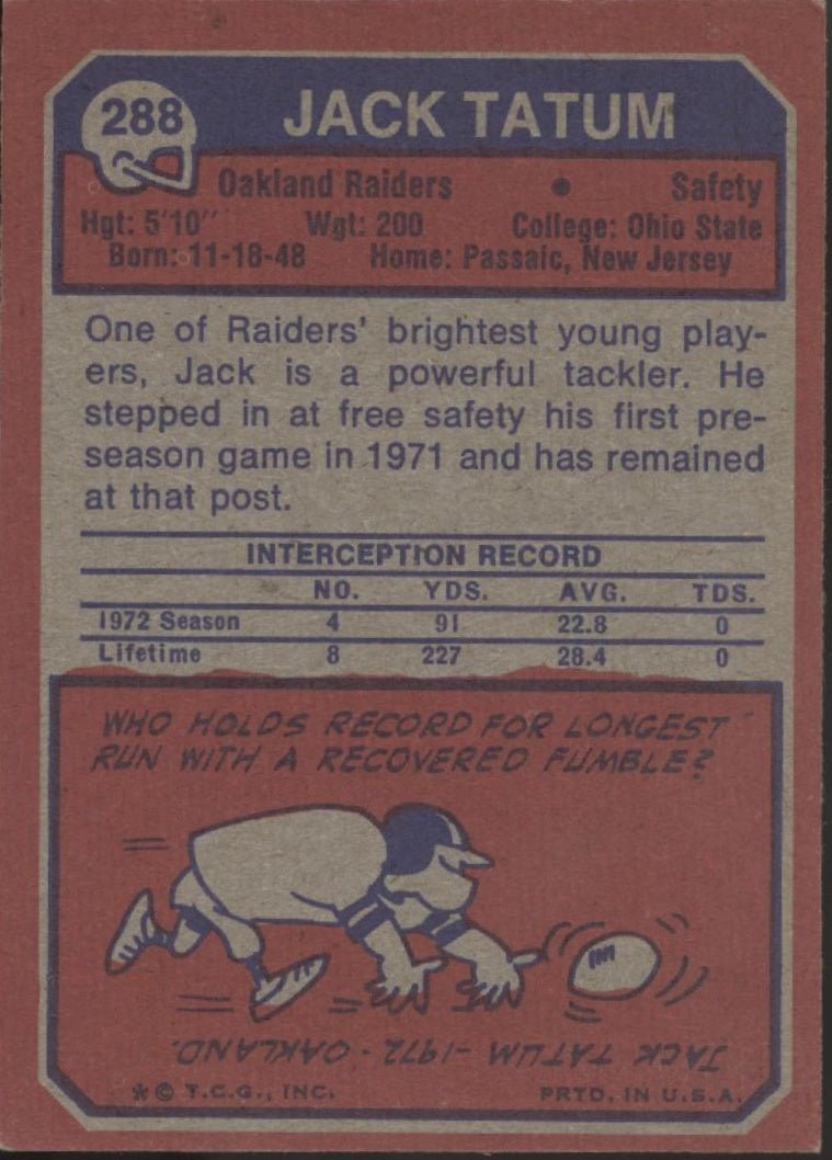 Jack Tatum 1973 Topps RC #288 Oakland Raiders VG - EX #3 - Collector Store LLC