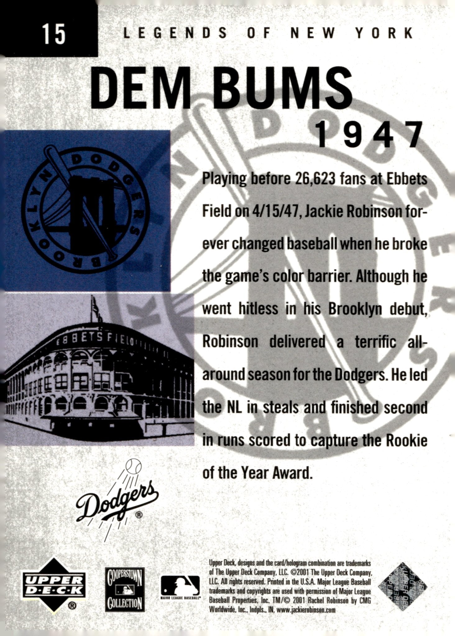 Jackie Robinson 2001 Upper Deck Legends of New York Dem Bums #15 - Collector Store LLC