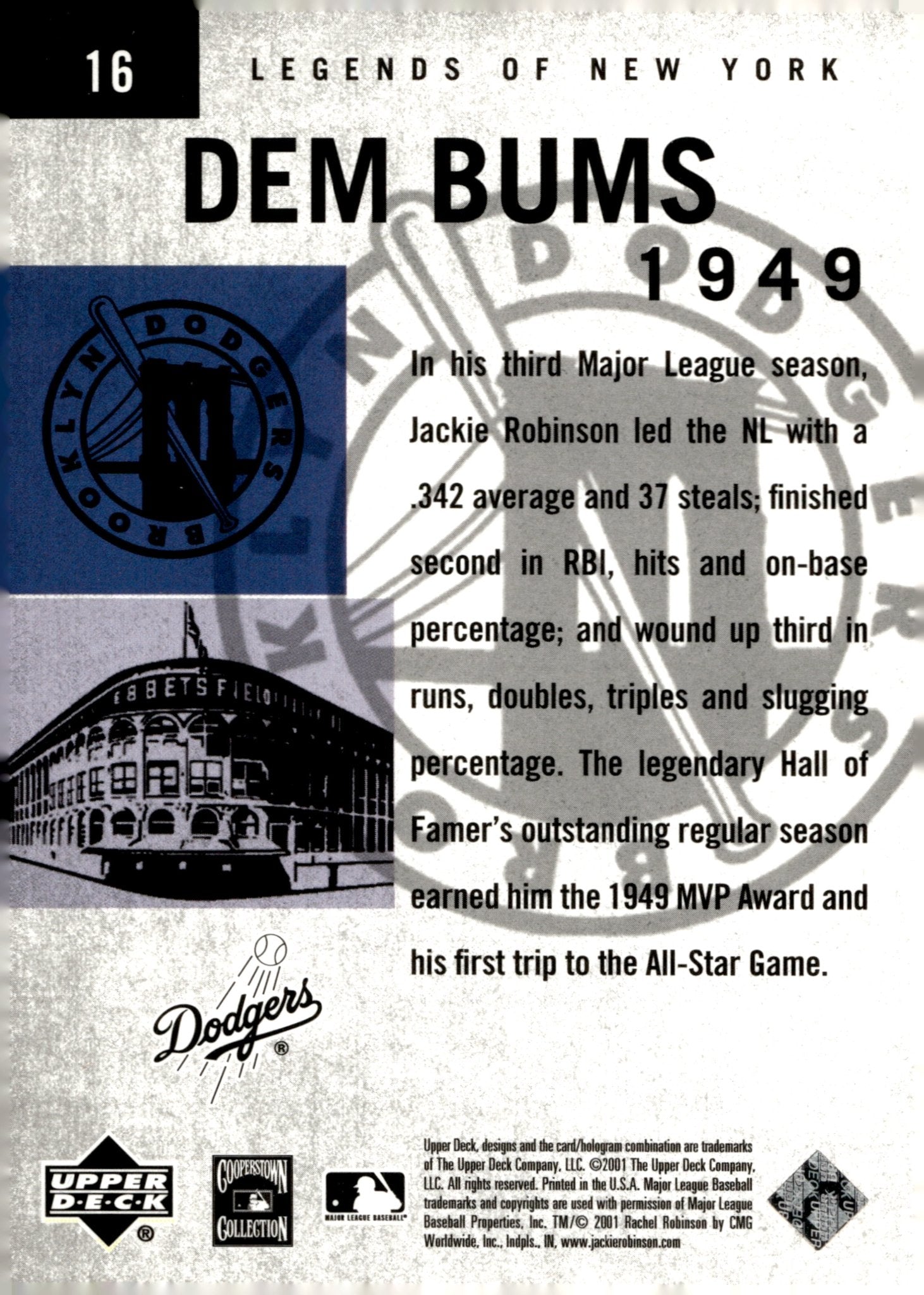 Jackie Robinson 2001 Upper Deck Legends of New York Dem Bums #16 - Collector Store LLC