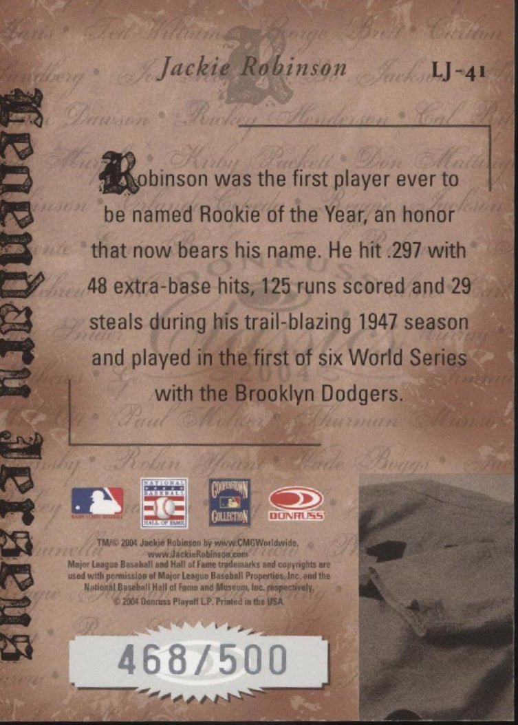 Jackie Robinson 2004 Donruss Classics Legendary Jerseys 468/500 #LJ - 41 - Collector Store LLC