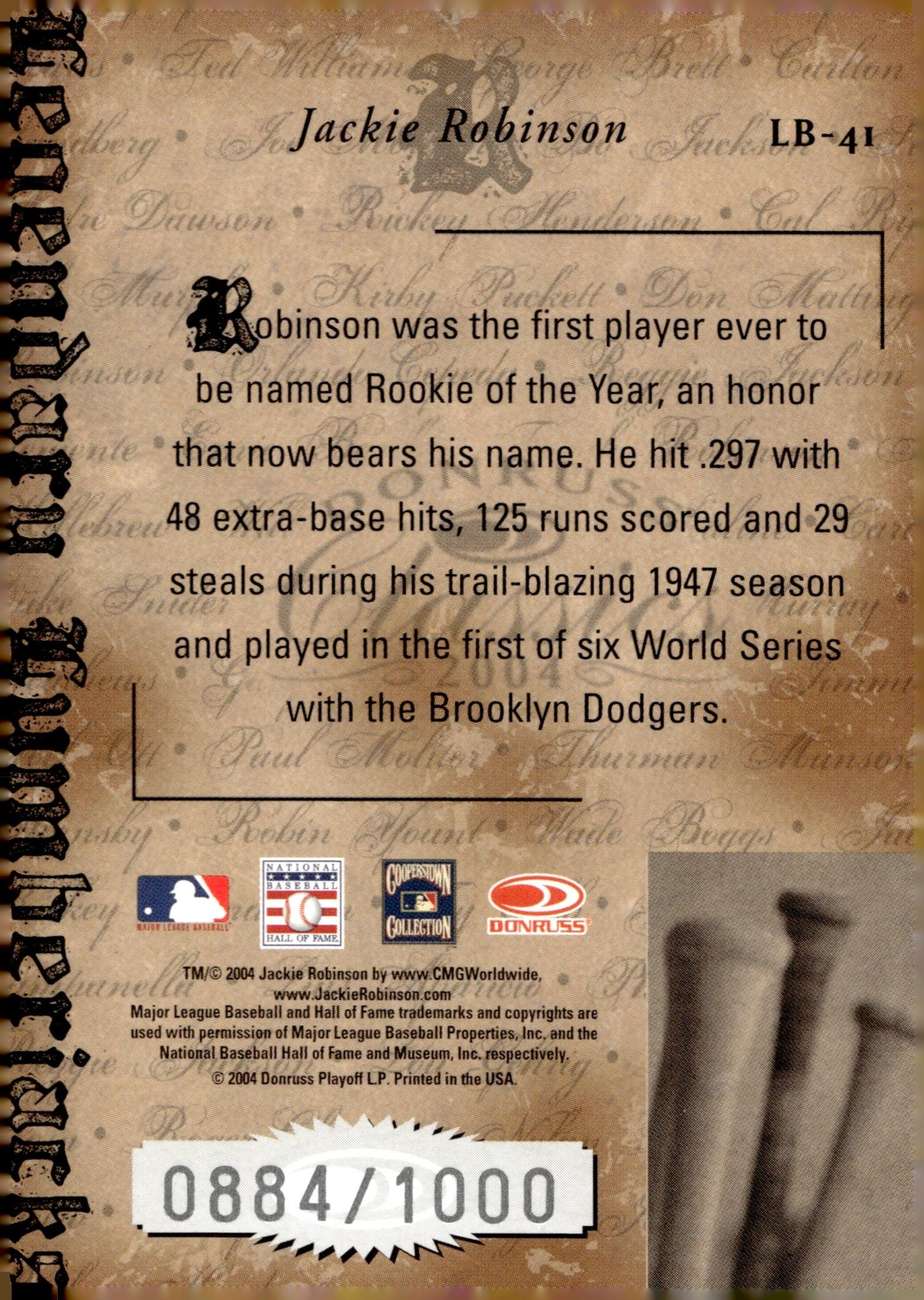 Jackie Robinson 2004 Donruss Classics Legendary Lumberjacks 0884/1000 #LB - 41 - Collector Store LLC