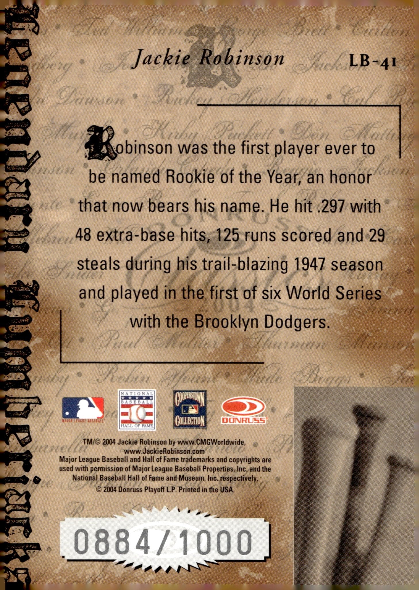 Jackie Robinson 2004 Donruss Classics Legendary Lumberjacks 0884/1000 #LB - 41 - Collector Store LLC