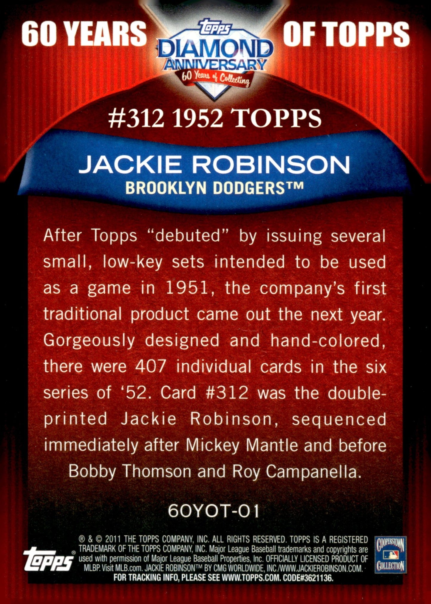 Jackie Robinson 2011 Topps Diamond Anniversary 60 Years #312 - Collector Store LLC
