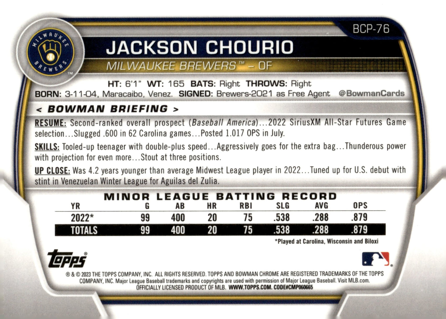 Jackson Chourio 2023 Bowman Chrome BCP - 76 - Collector Store LLC