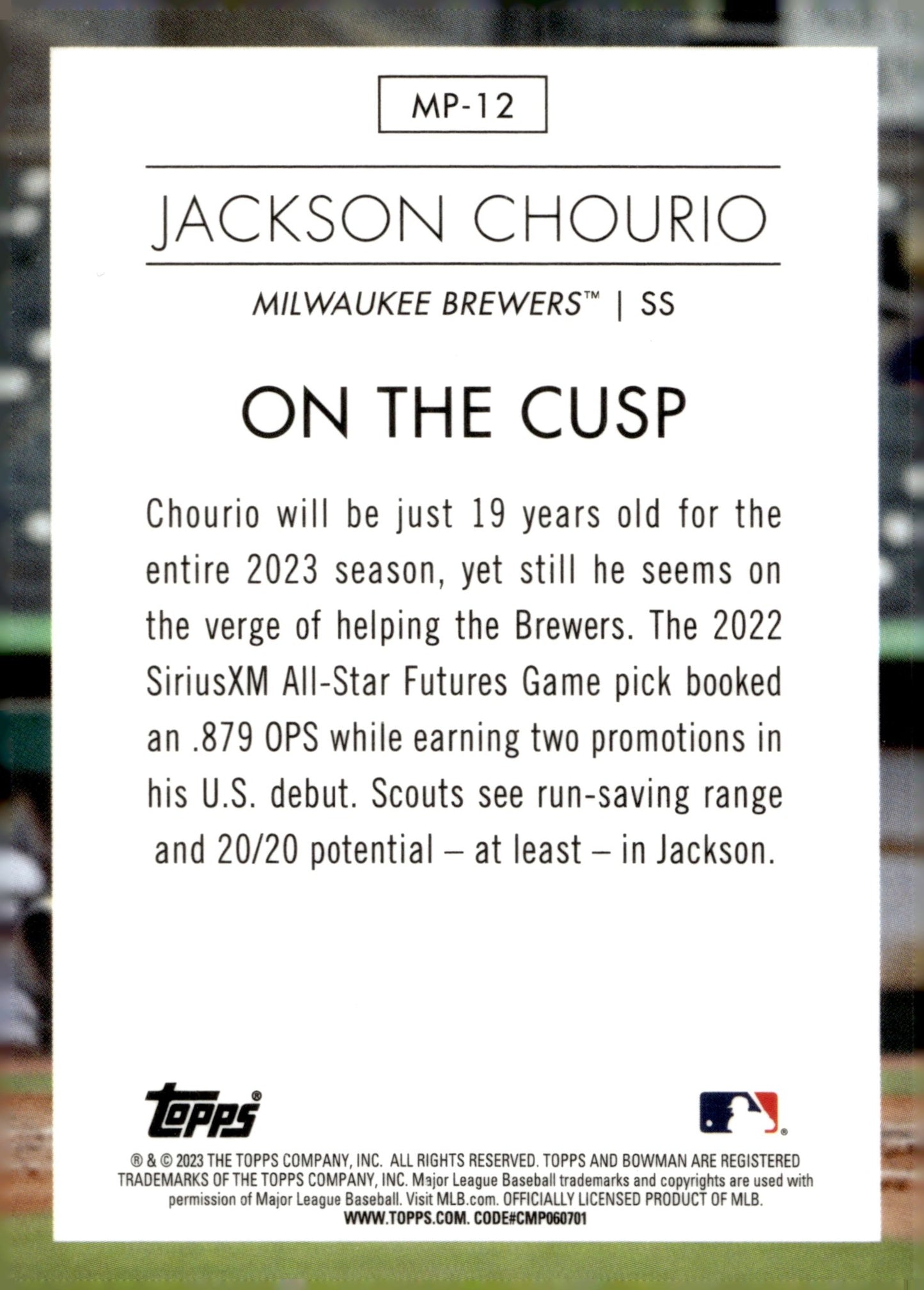 Jackson Chourio 2023 Bowman Chrome Modern Prospects Refractor MP - 12 - Collector Store LLC