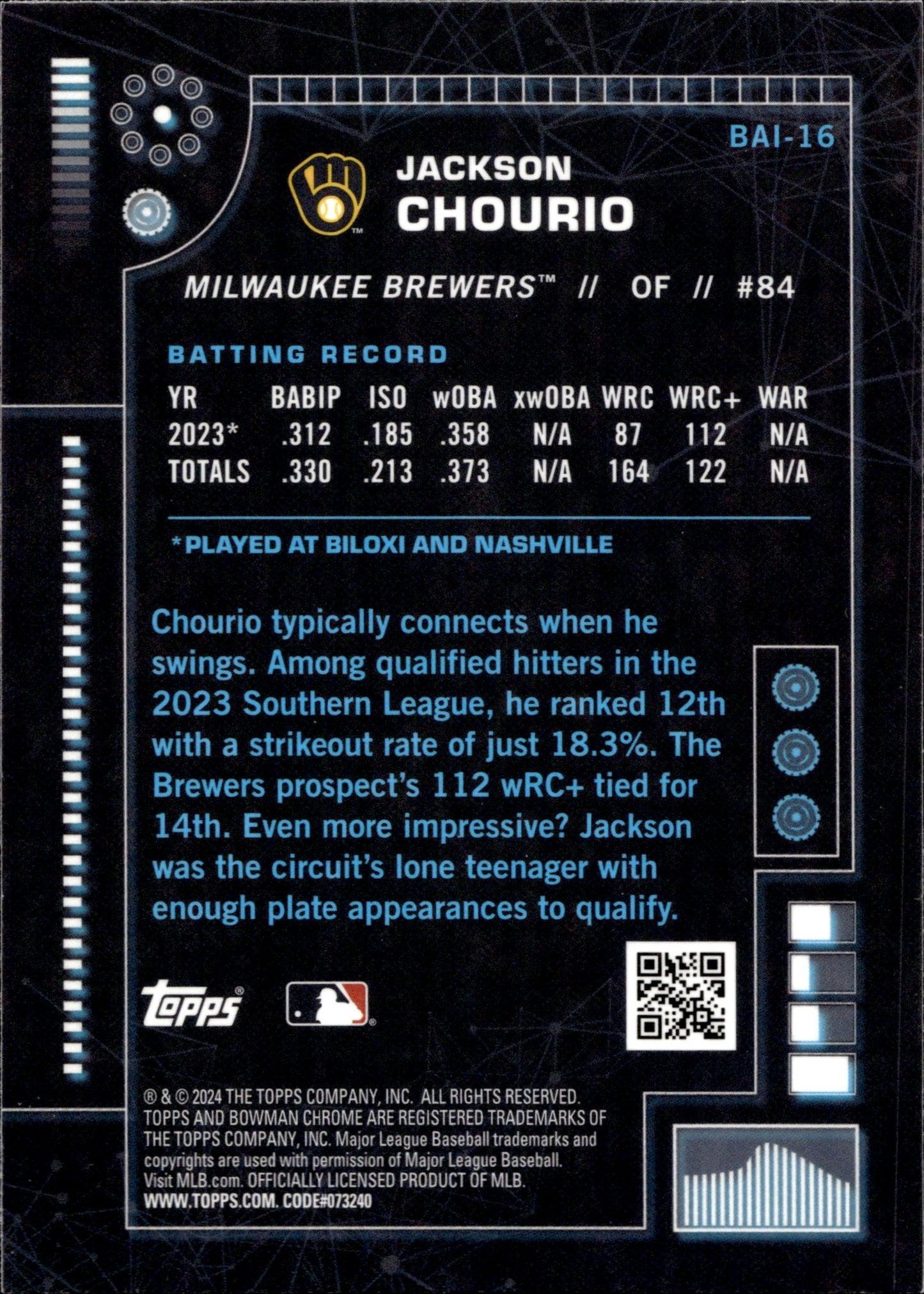 Jackson Chourio 2024 Bowman Chrome AI Refractor BAI - 16 - Collector Store LLC