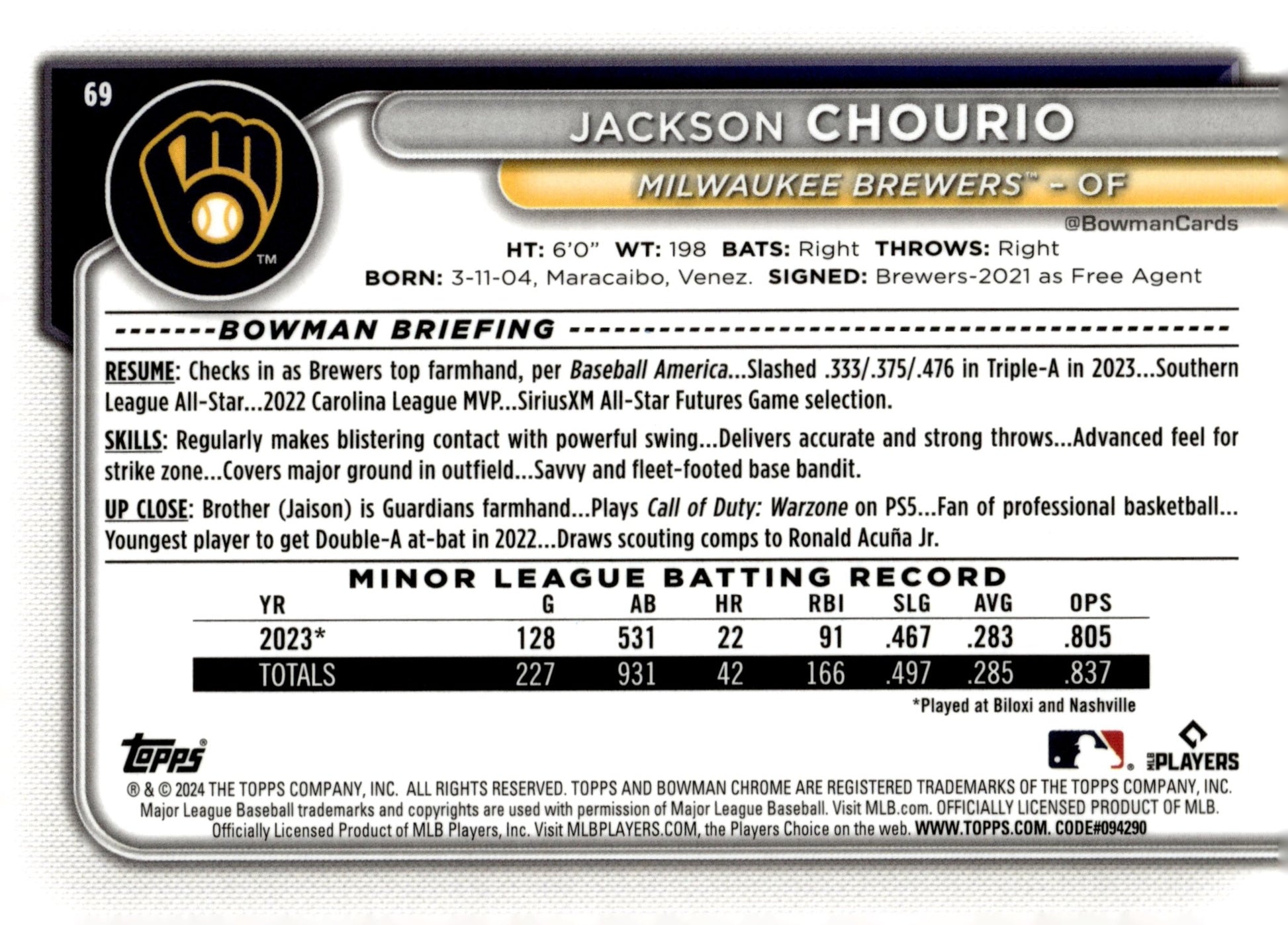 Jackson Chourio 2024 Bowman Chrome Mojo Refractor RC #69 #2 - Collector Store LLC