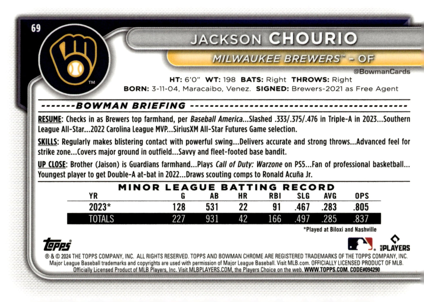 Jackson Chourio 2024 Bowman Chrome Mojo Refractor RC #69 #3 - Collector Store LLC