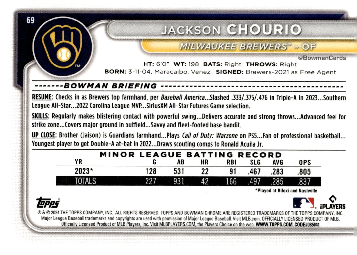 Jackson Chourio 2024 Bowman Chrome RC 69 2 - Collector Store LLC