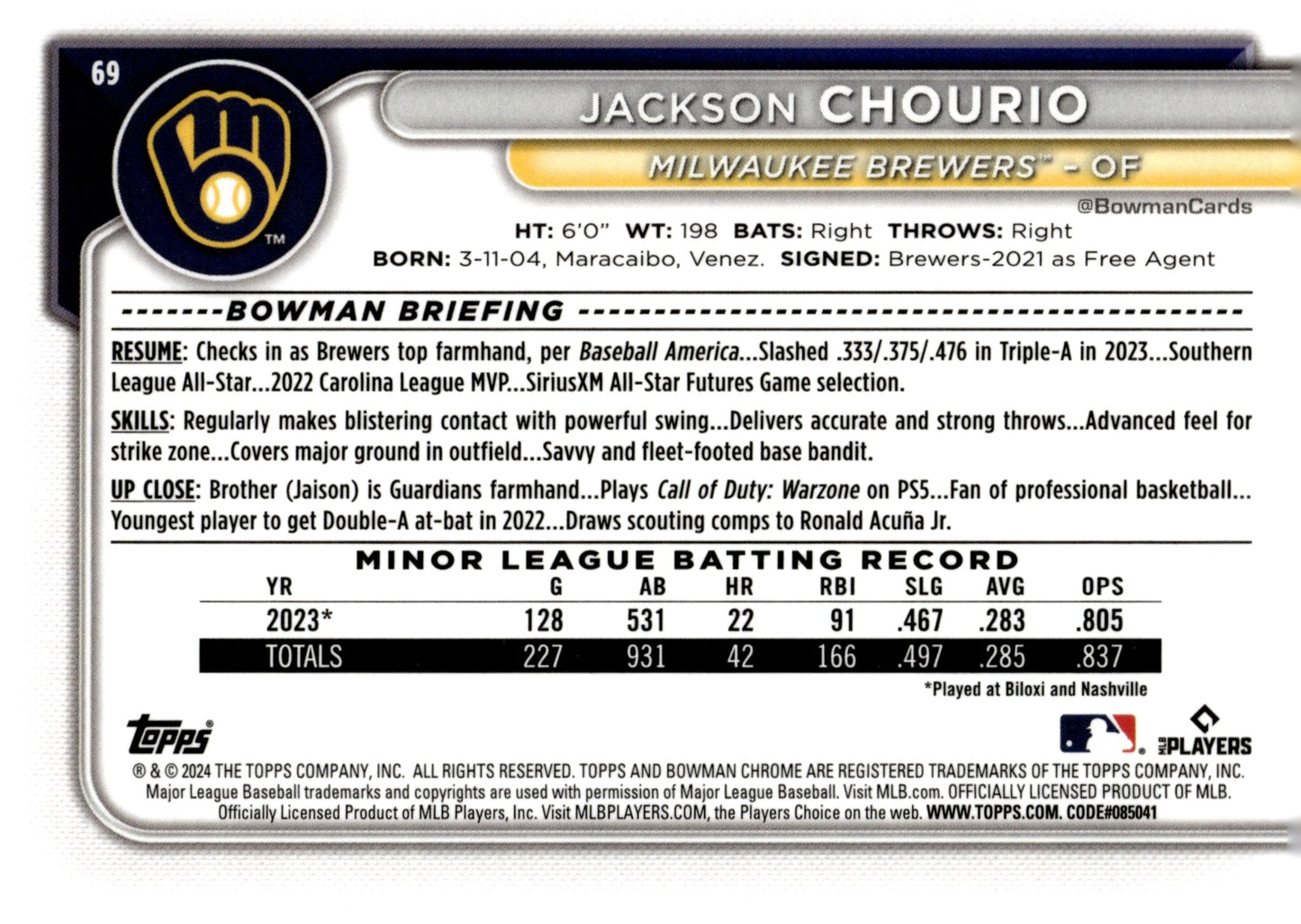 Jackson Chourio 2024 Bowman Chrome RC #69 - Collector Store LLC