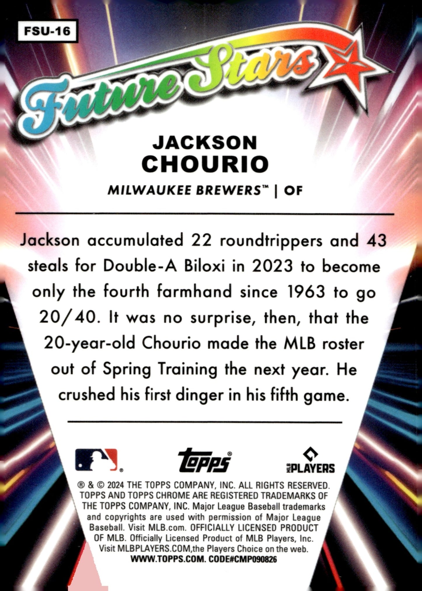 Jackson Chourio 2024 Topps Chrome Future Stars Refractor RC FSU - 16 2 - Collector Store LLC