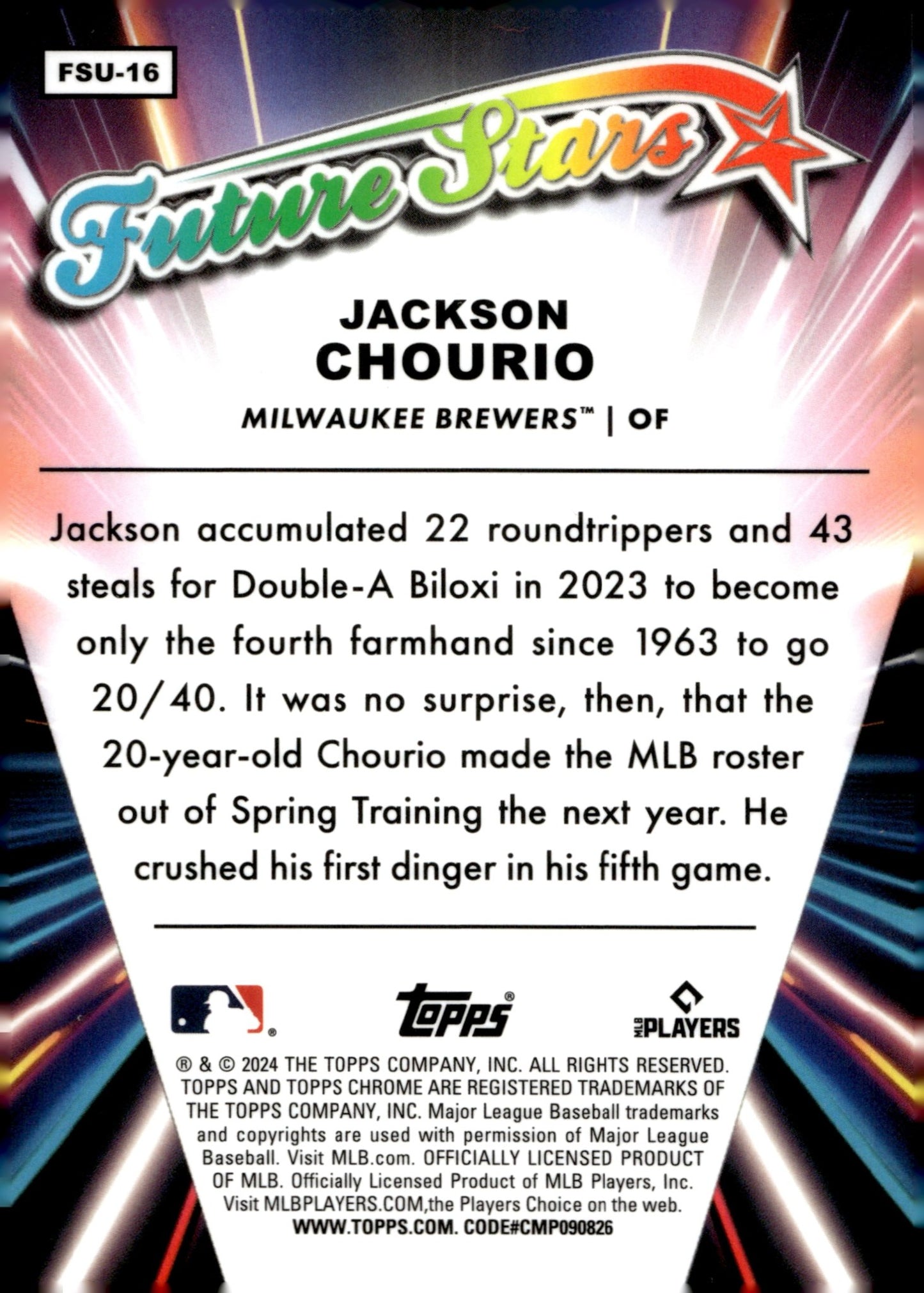 Jackson Chourio 2024 Topps Chrome Future Stars Refractor RC FSU - 16 4 - Collector Store LLC