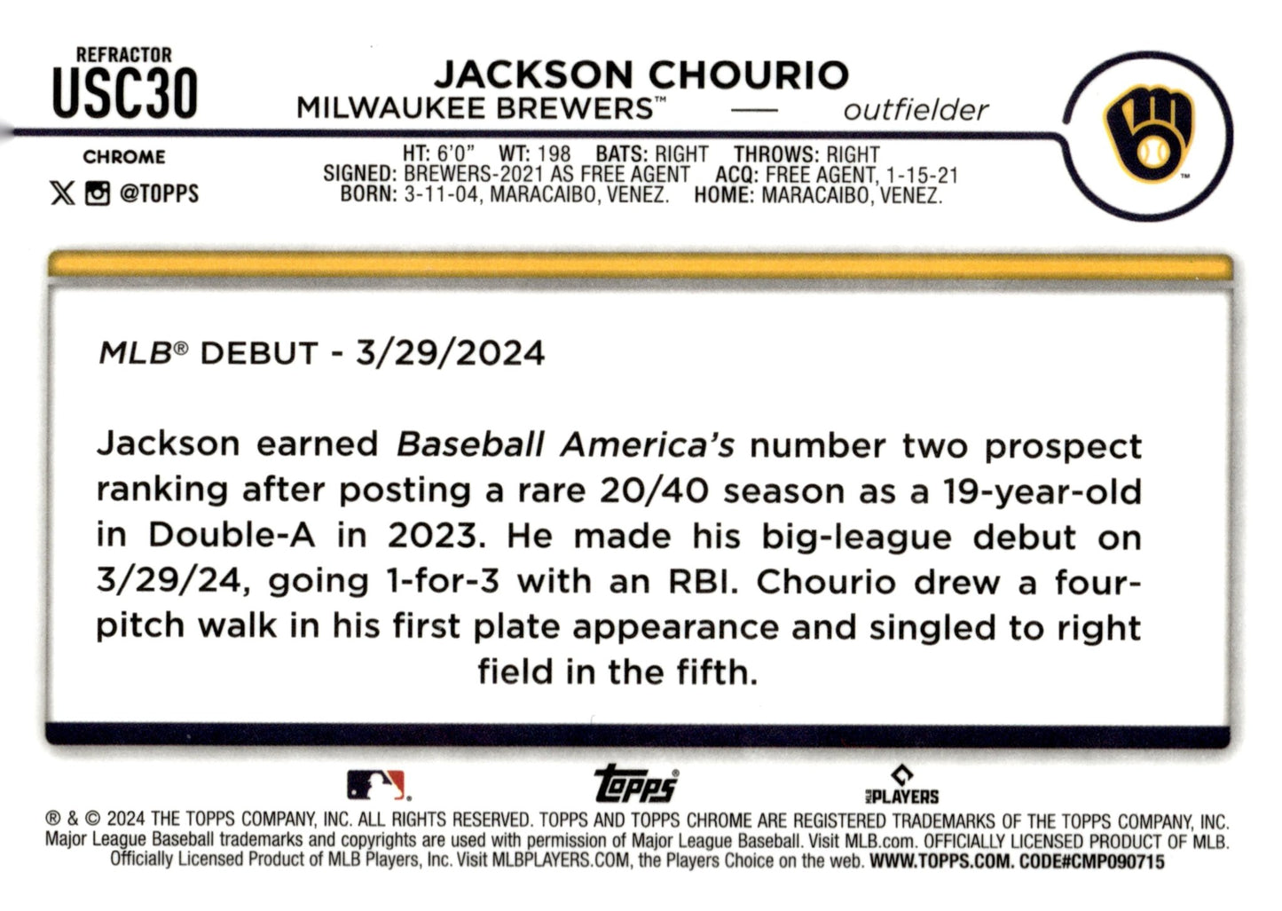 Jackson Chourio 2024 Topps Chrome Hyper Refractor RC #USC30 - Collector Store LLC