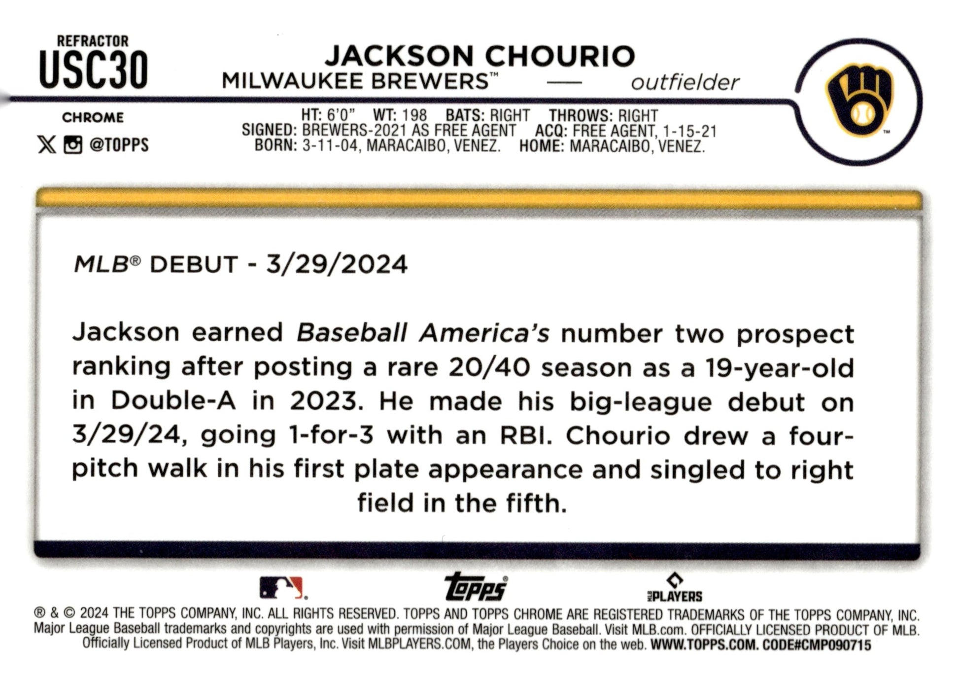 Jackson Chourio 2024 Topps Chrome Hyper Refractor RC #USC30 - Collector Store LLC