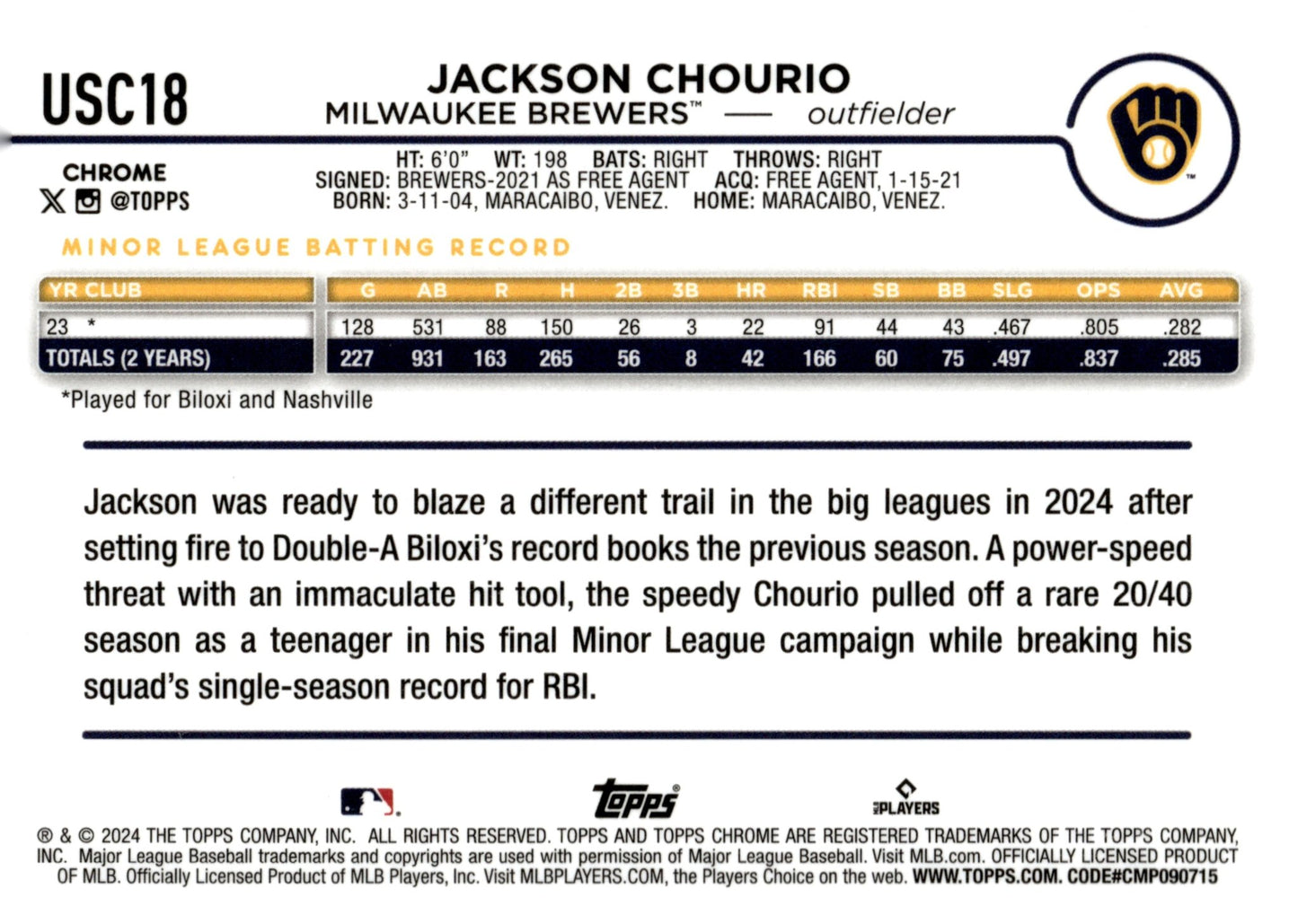 Jackson Chourio 2024 Topps Chrome RC #USC18 #2 - Collector Store LLC
