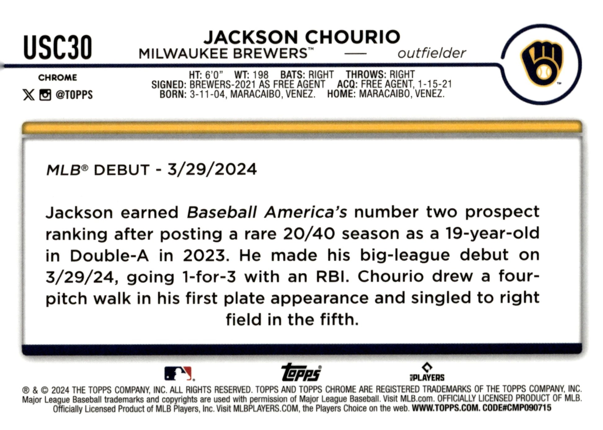 Jackson Chourio 2024 Topps Chrome RC #USC30 #1 - Collector Store LLC