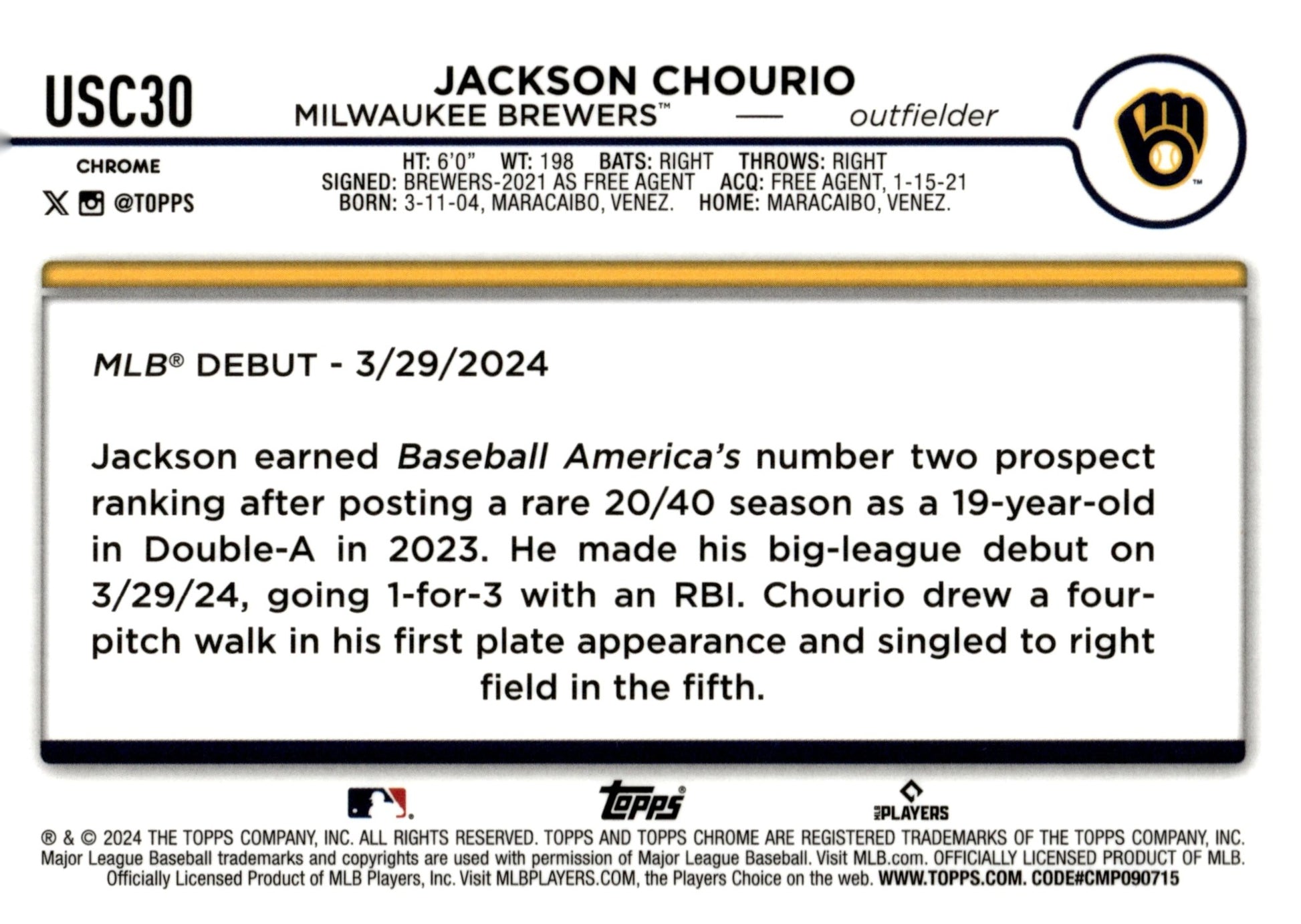 Jackson Chourio 2024 Topps Chrome Xfractor Refractor RC #USC30 #2 - Collector Store LLC